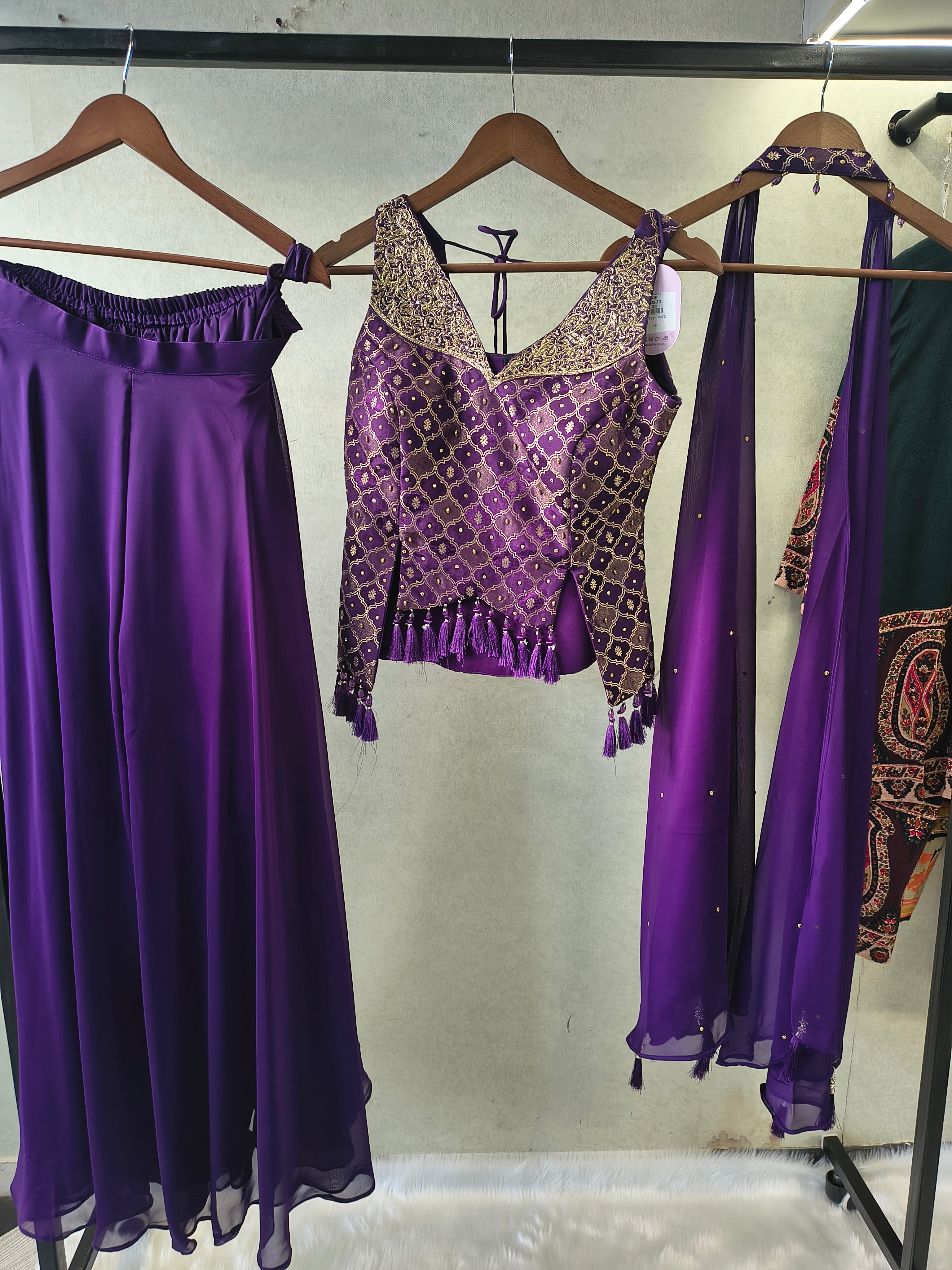 Image of Royal Purple Brocade Blouse with Flared Palazzo & Embellished Choker Dupatta – 3 Piece Designer Indo-Western Set