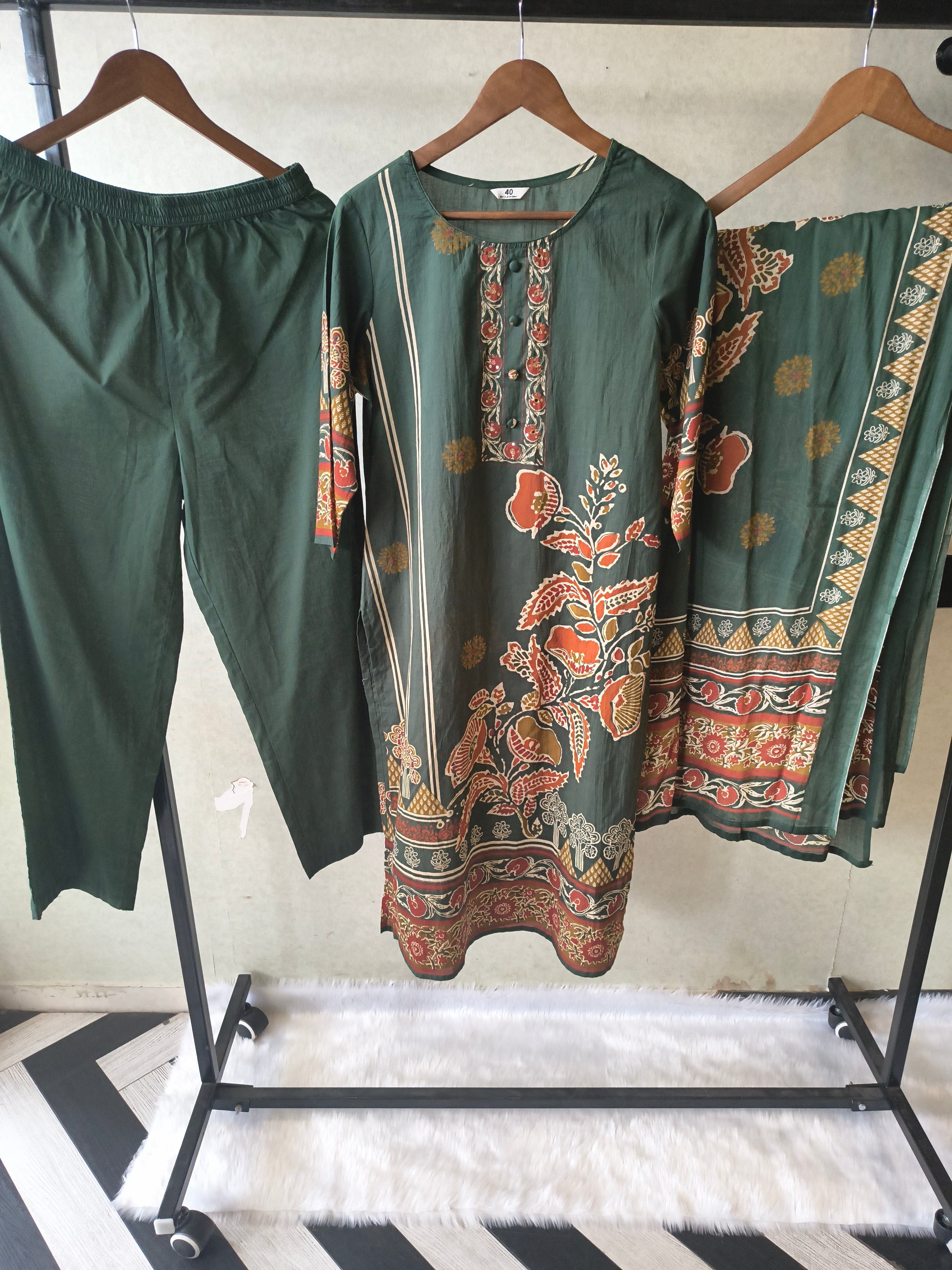 Image of Emerald Green Floral Printed Three-Piece Cotton Kurta Set with Dupatta