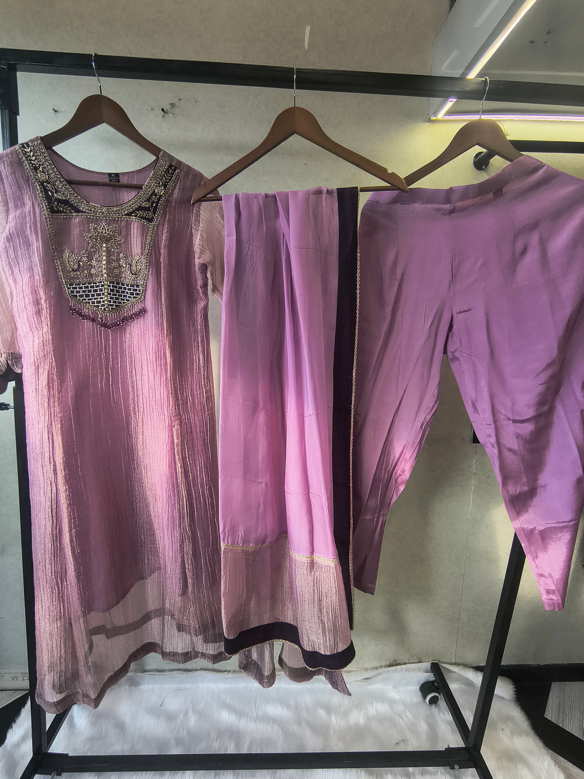 Lavender Embroidered Anarkali Kurta Set with Handcrafted Statement Yoke & Organza Dupatta | Premium 3 Piece Ethnic Ensemble