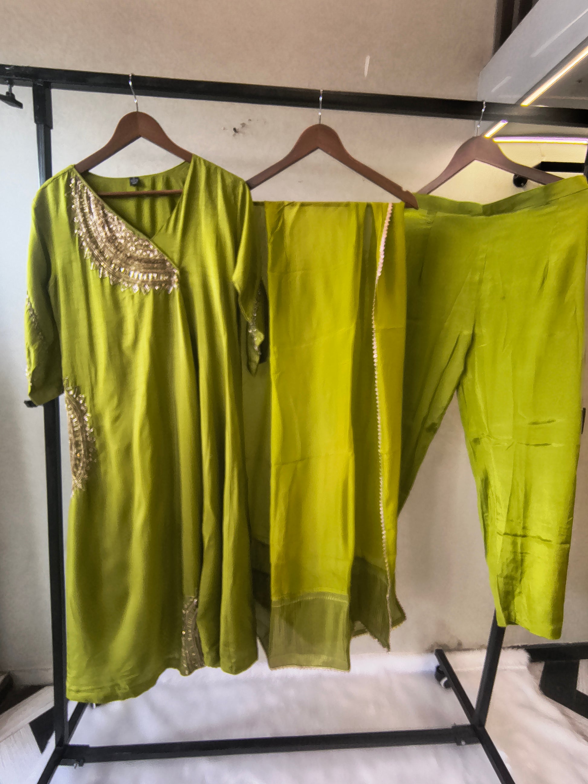 Lime Green Hand-Embroidered Designer Kurta Set with Organza Dupatta | Premium 3 Piece Ethnic Suit