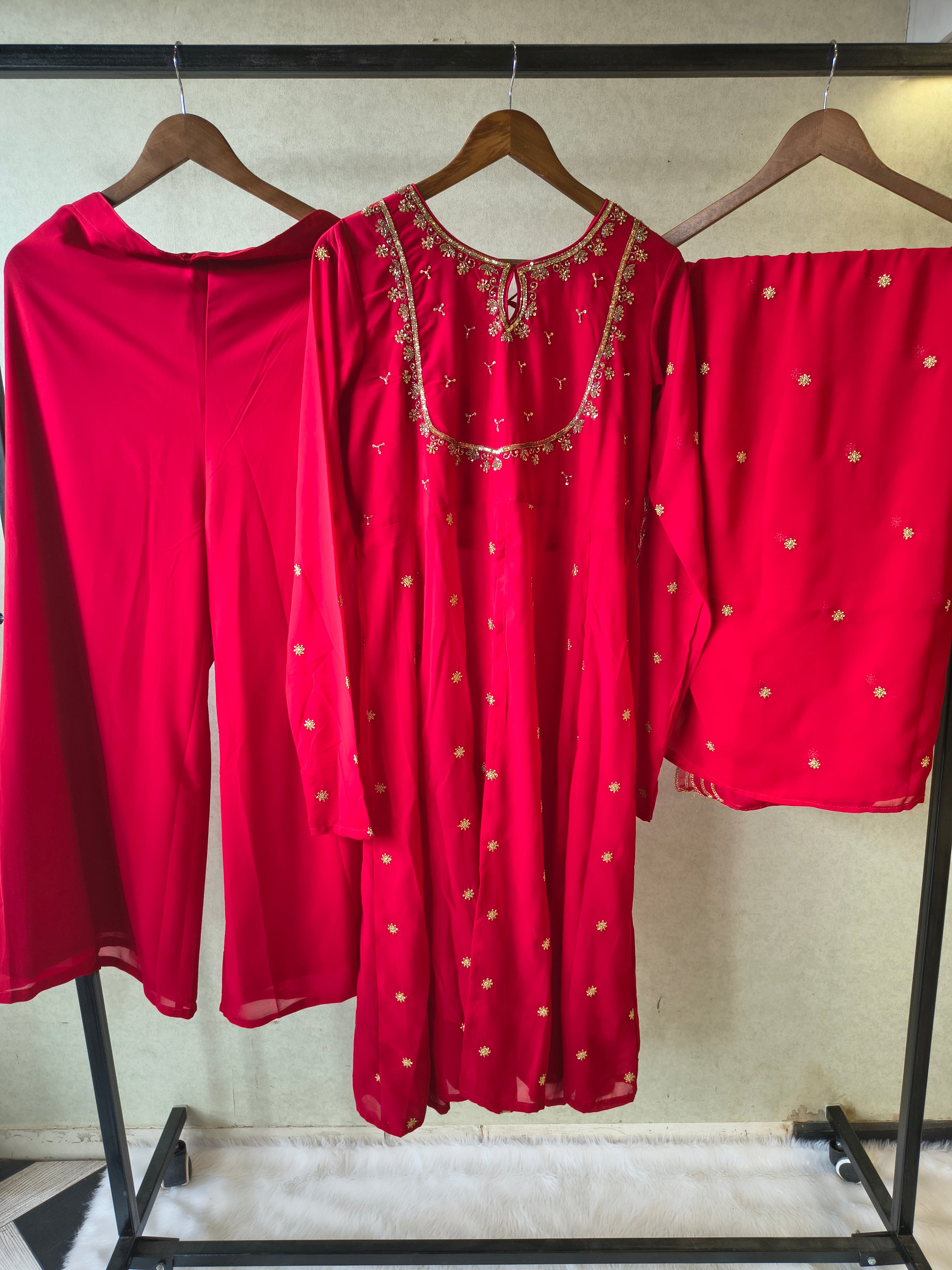Image of Premium Ruby Red Embroidered Kurta with Sharara & Embellished Dupatta Set