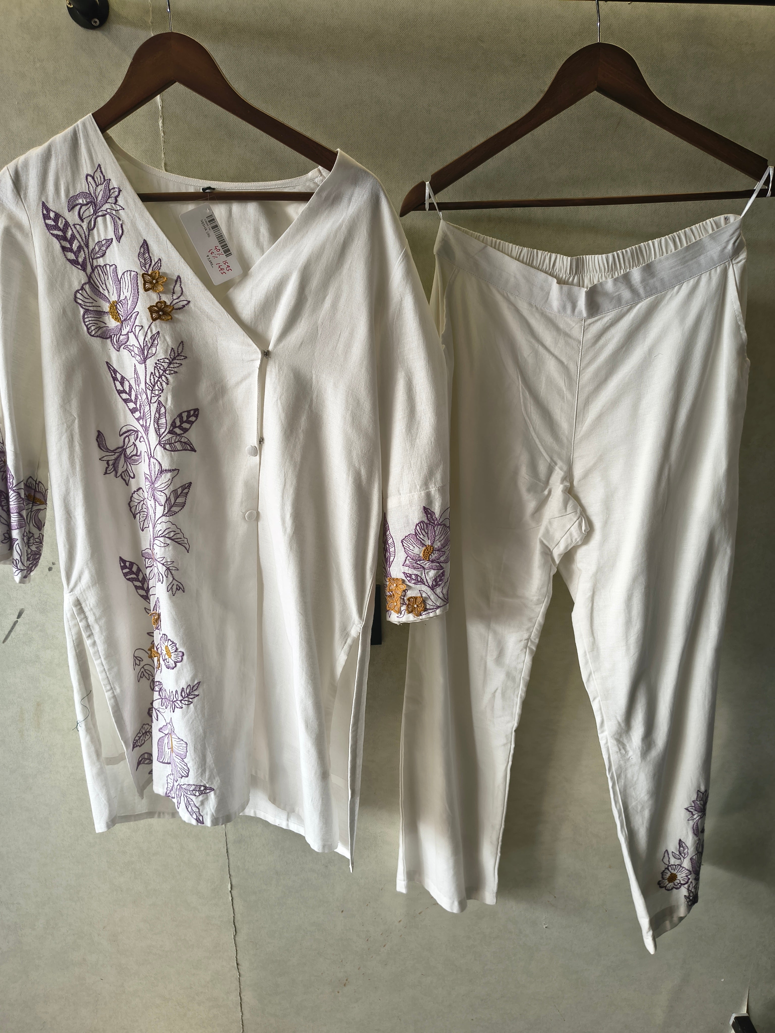 Image of Ivory Lavender Floral Embroidered Designer Wrap Kurta Pant Co-Ord Set