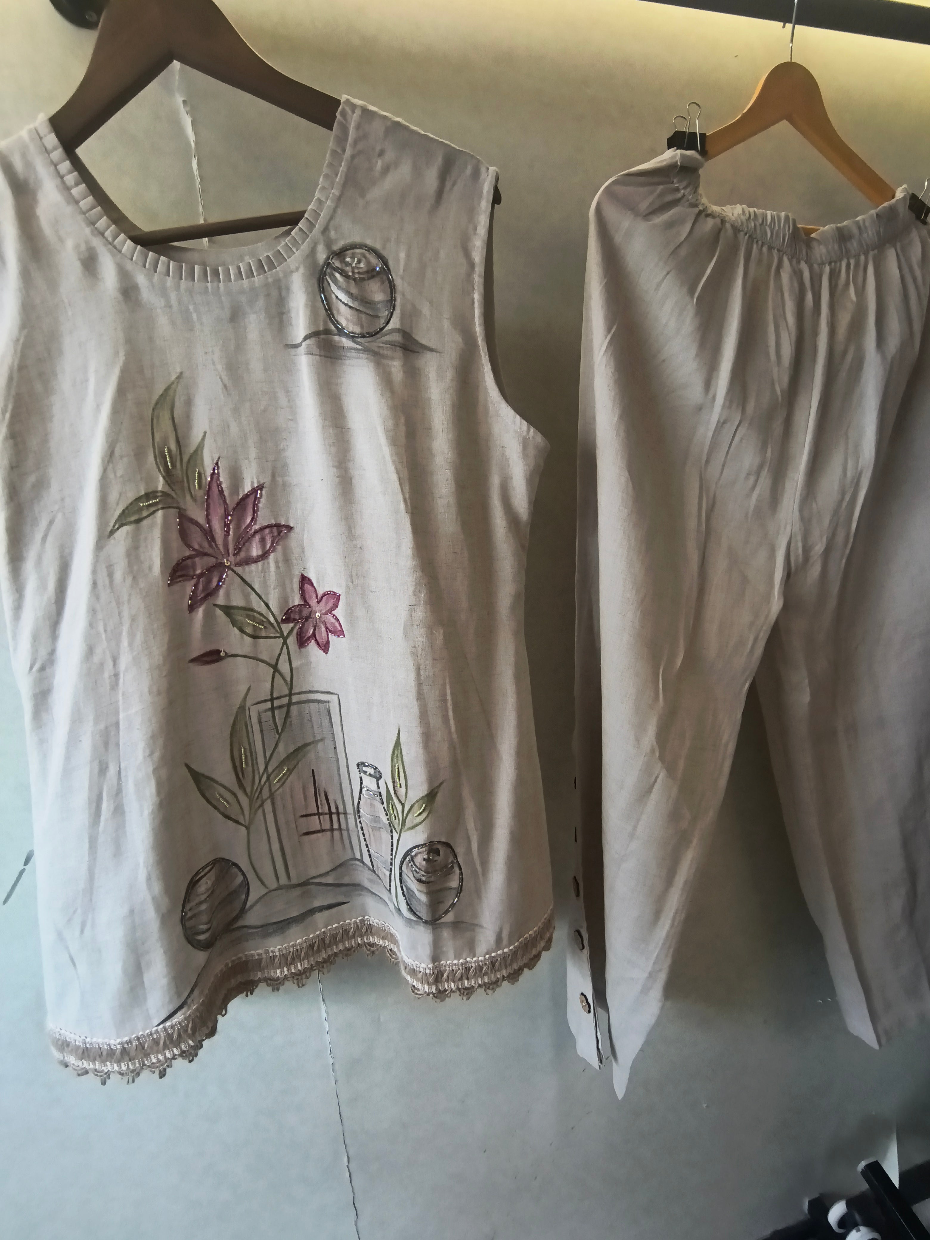 Image of Ivory Floral Hand-Painted Linen Co-Ord Set