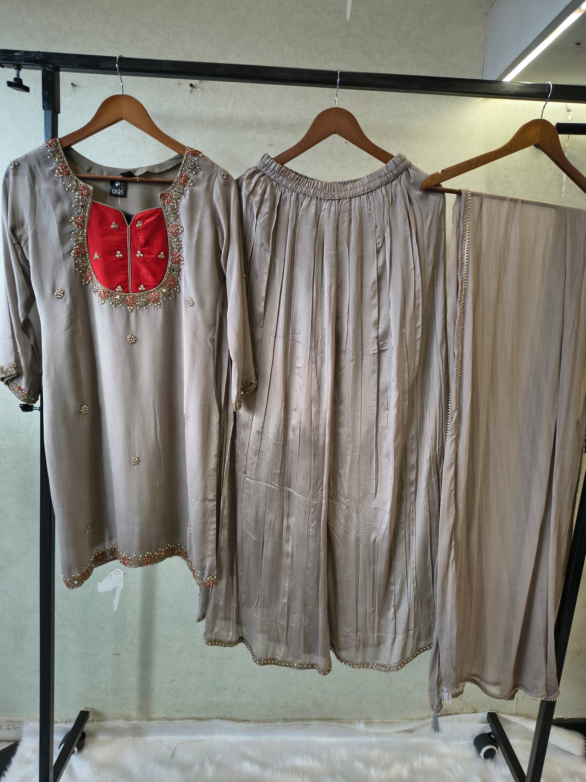 Pearl Grey Embellished Straight Kurta Set with Handcrafted Neckline, Wide Palazzo & Chiffon Dupatta | Premium 3 Piece Festive Ensemble