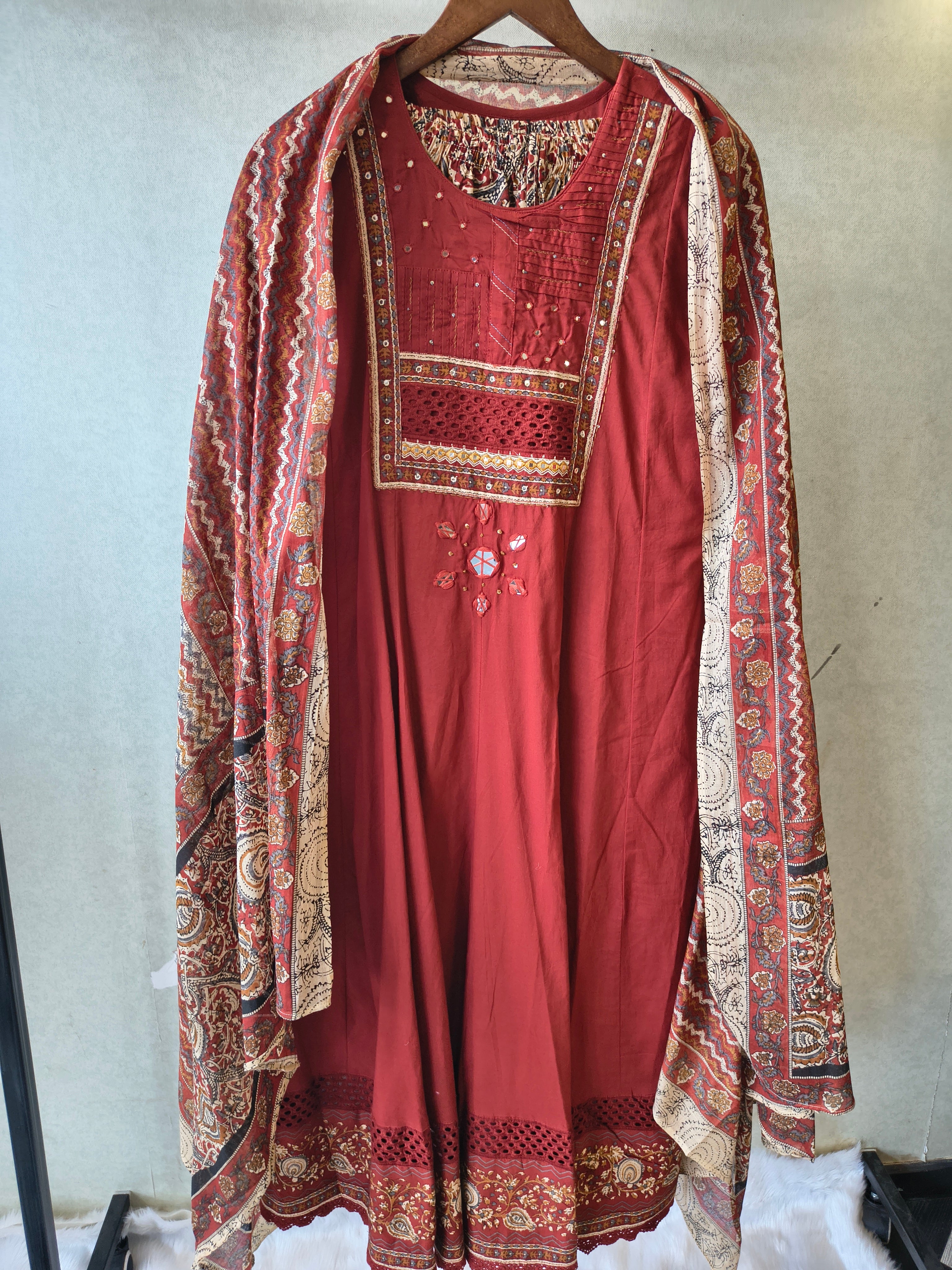 Image of Rust Red Embroidered Three-Piece Kurta Set with Printed Pant & Designer Dupatta