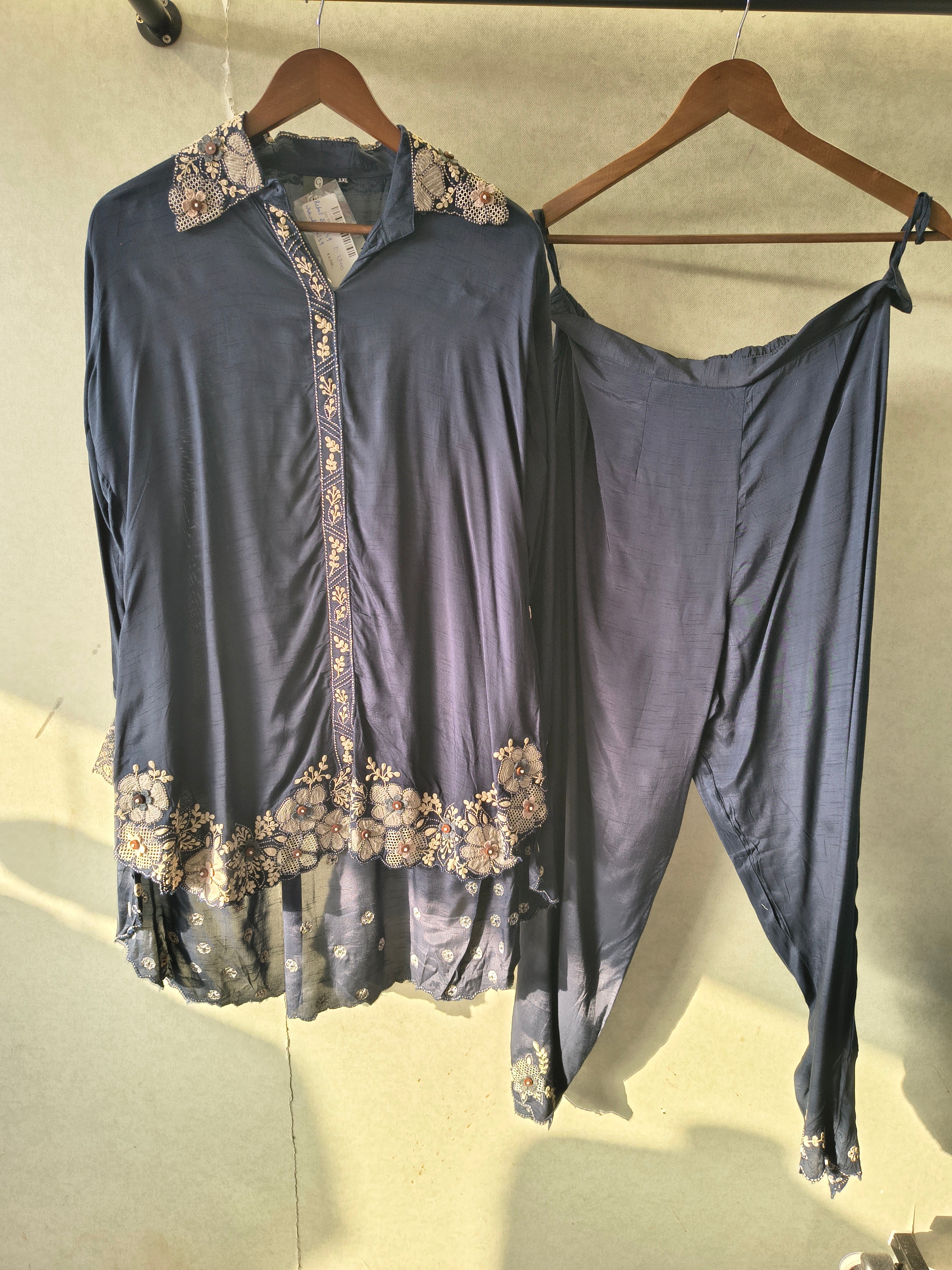 Image of Blue Embroidered Designer Co-Ord Set with Organza Hem