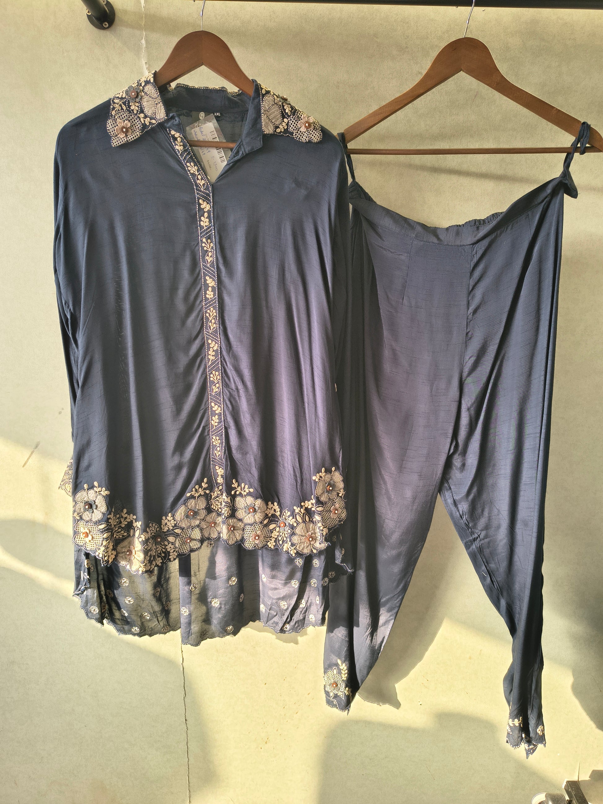 Blue Embroidered Designer Co-Ord Set with Organza Hem