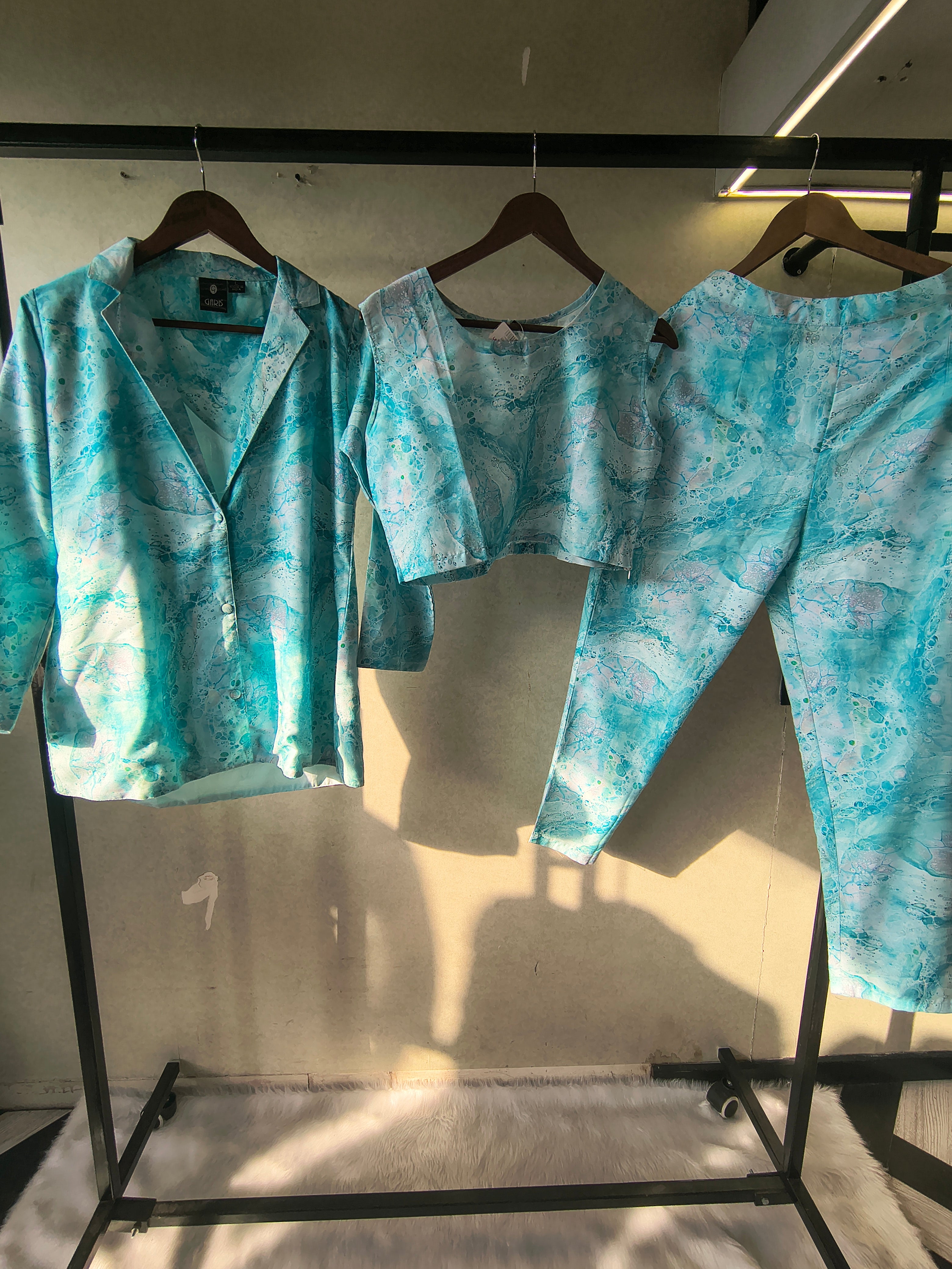 Image of Premium Aqua Marble Print Blazer, Crop Top & Straight Pants Co-Ord Set