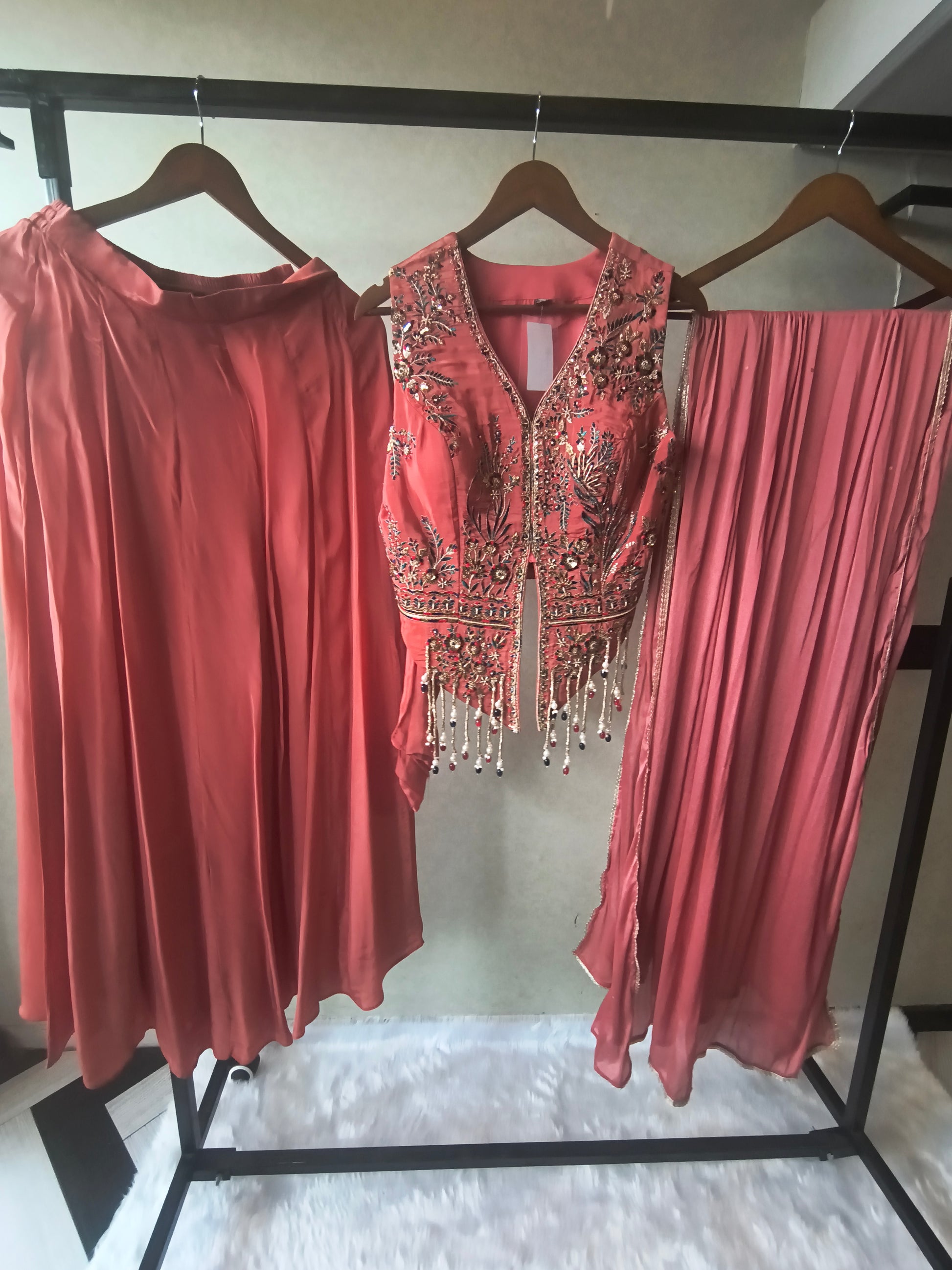 Premium Dusty Rose 3-Piece Designer Lehenga Set with Heavily Embroidered Jacket Blouse & Sequined Dupatta