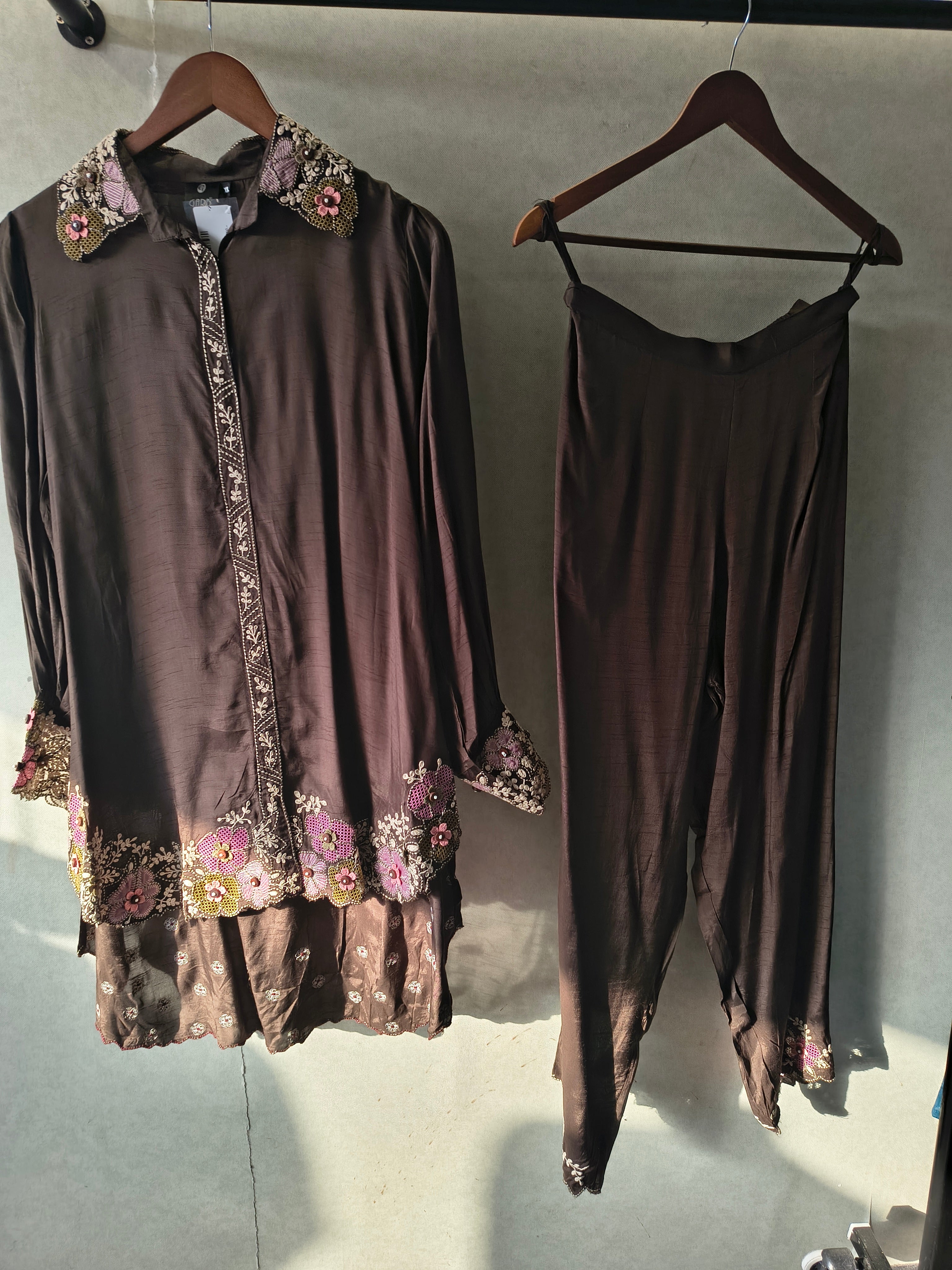 Image of Chocolate Brown Designer Embroidered Co-Ord Set with 3D Floral Appliqué & Organza Hem