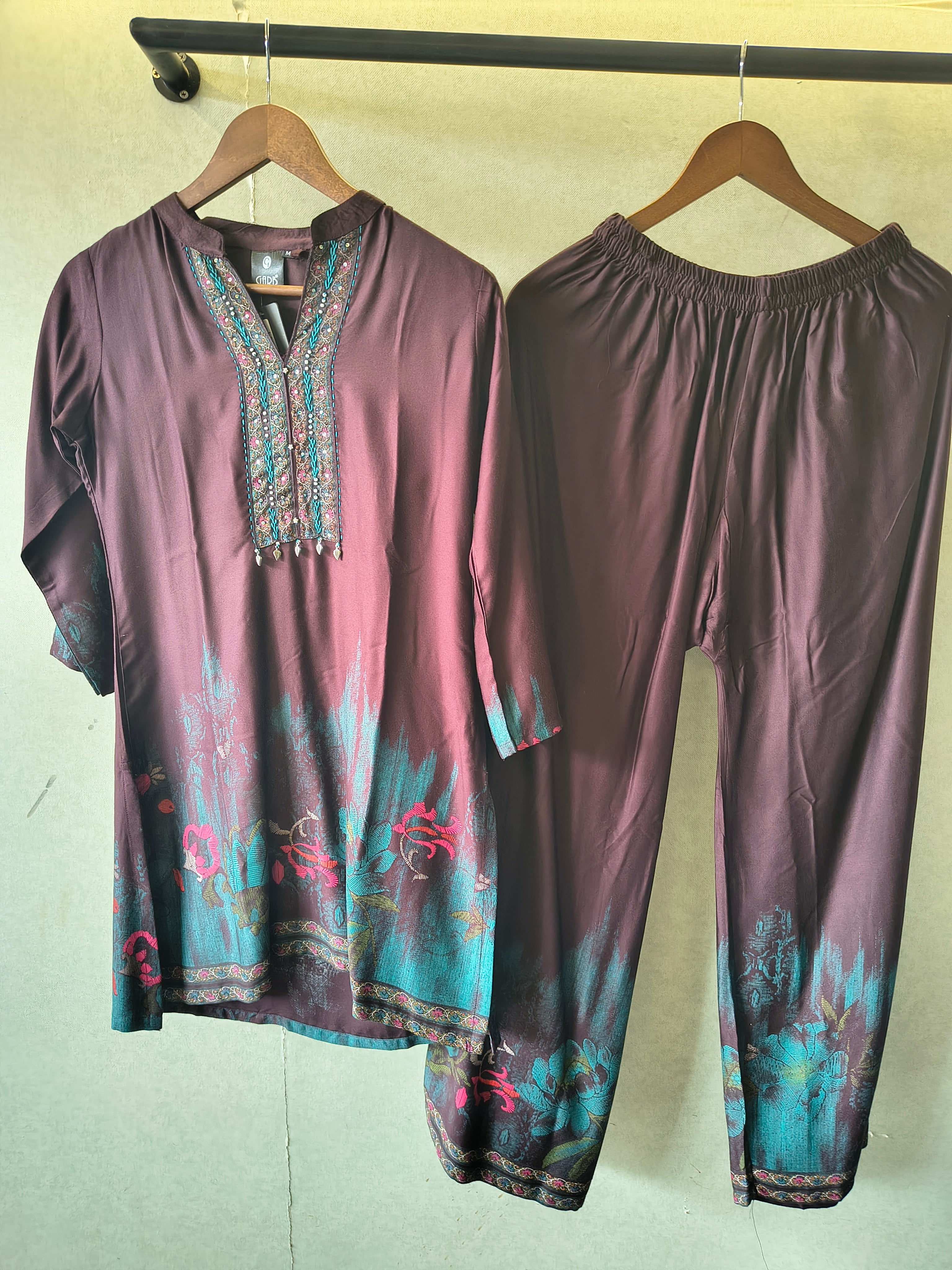 Image of Wine Embellished Premium Silk Co-Ord Set