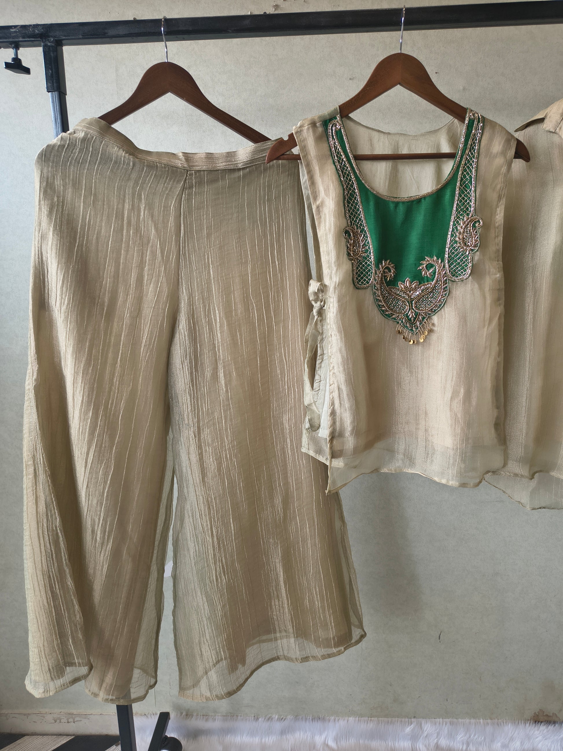 Premium Champagne Gold Tissue Silk 3-Piece Co-Ord Set with Emerald Hand Embellished Jacket, Inner & Palazzo