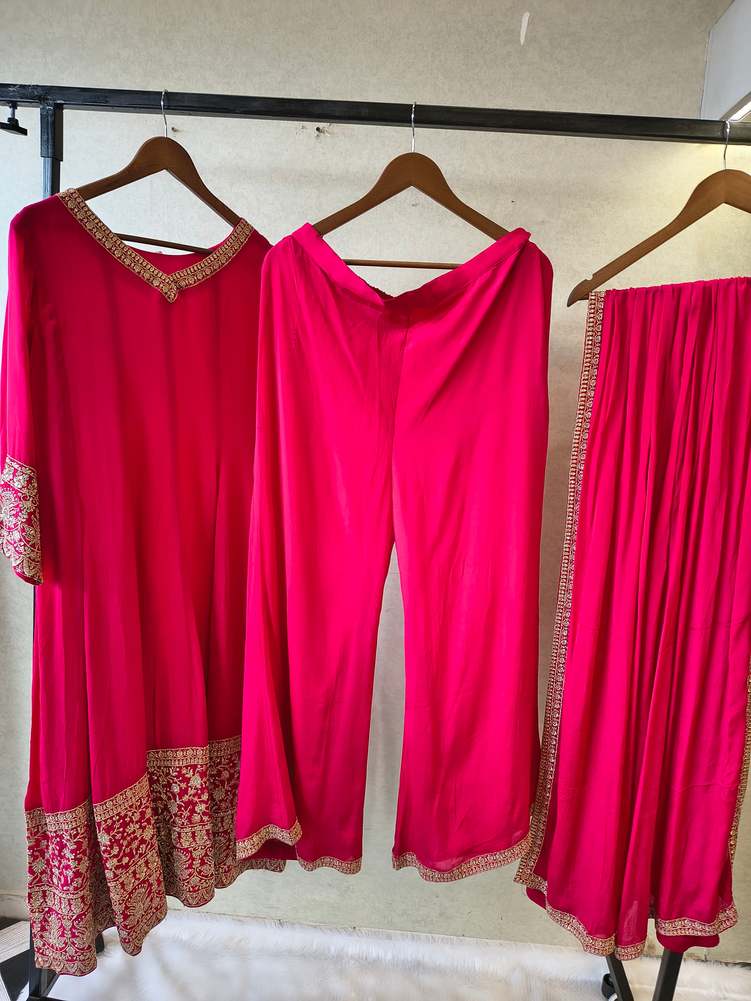 Image of Rani Pink Embroidered Straight Kurta Set with Dupatta | Premium 3 Piece Festive Ethnic Suit