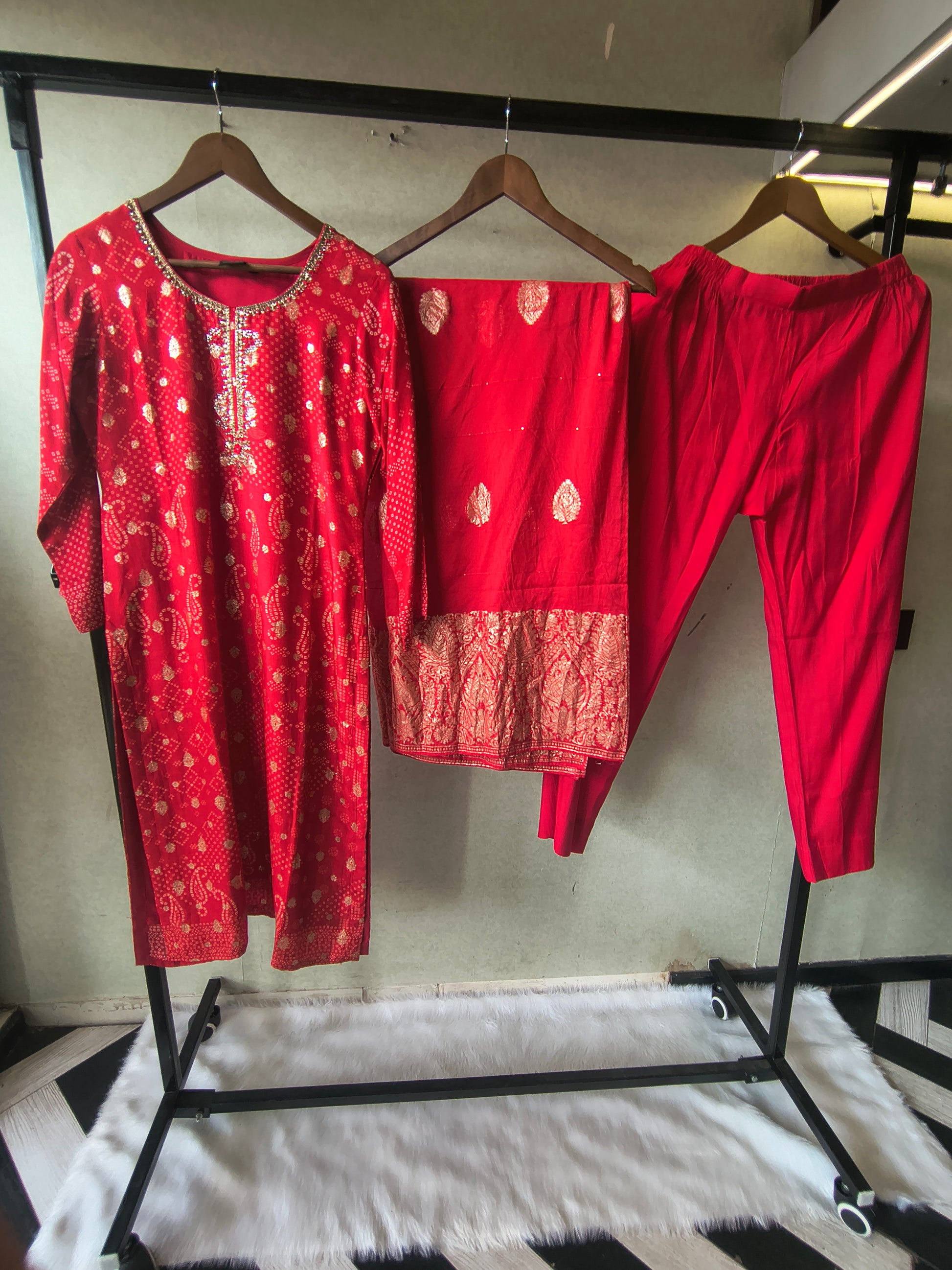 Premium Crimson Red Zari Woven Kurta with Straight Pants & Banarasi Border Dupatta Set