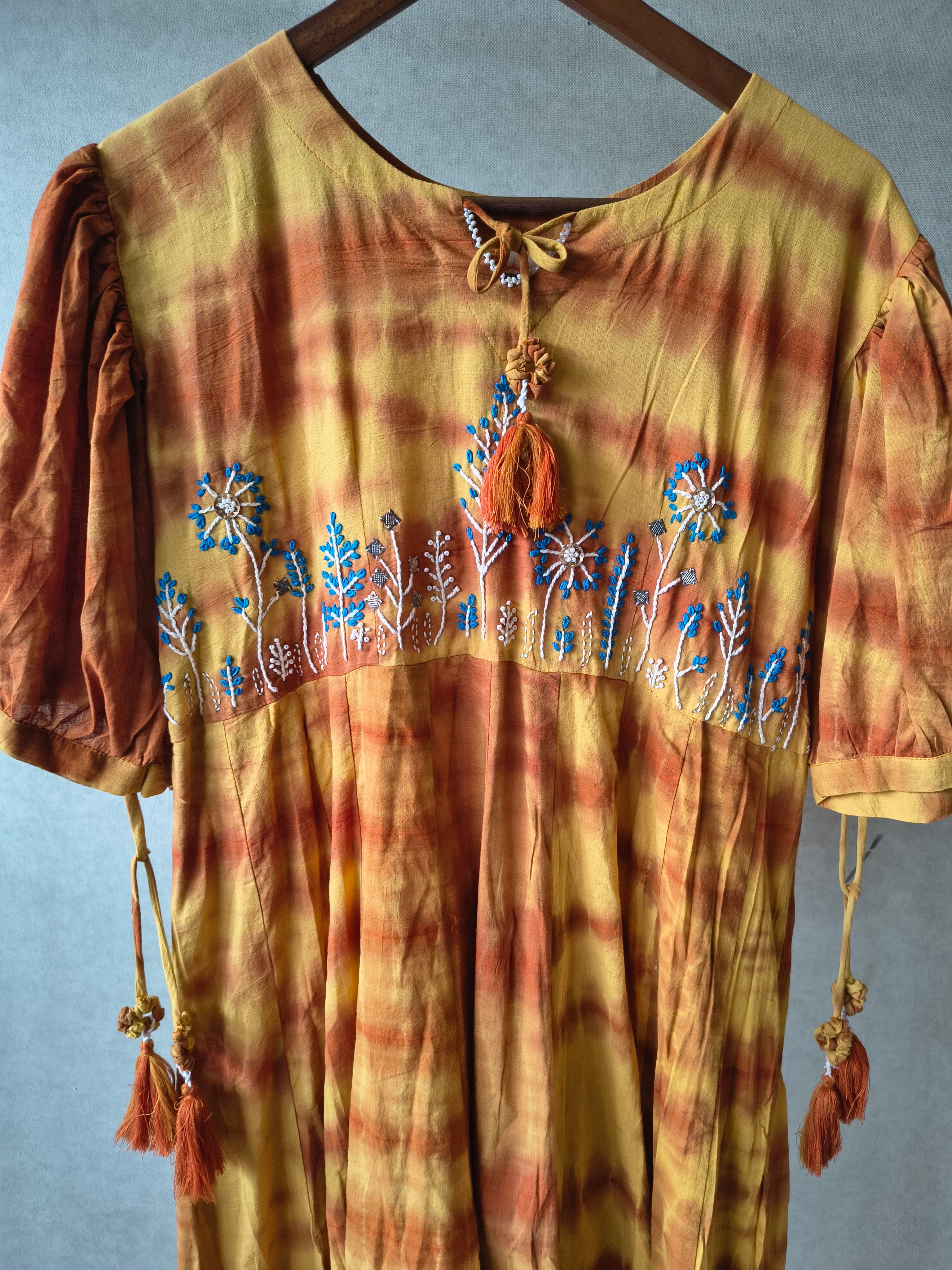 Image of Premium Mustard Tie-Dye Embroidered Cotton Flared Dress