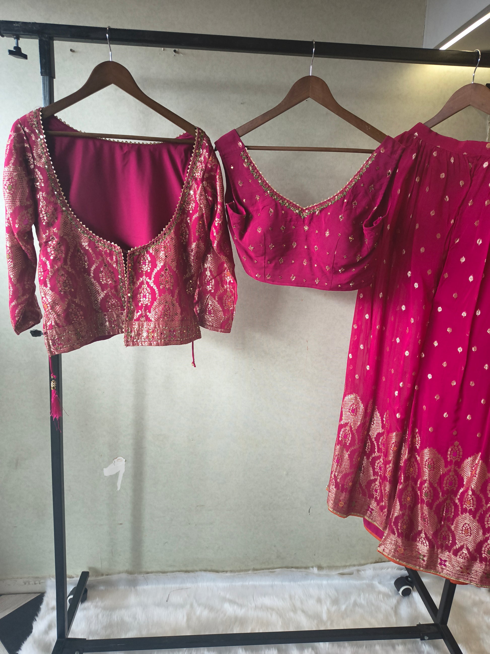 Rani Pink Banarasi Lehenga Set with Dual Designer Blouses – Woven Festive Wedding Ensemble
