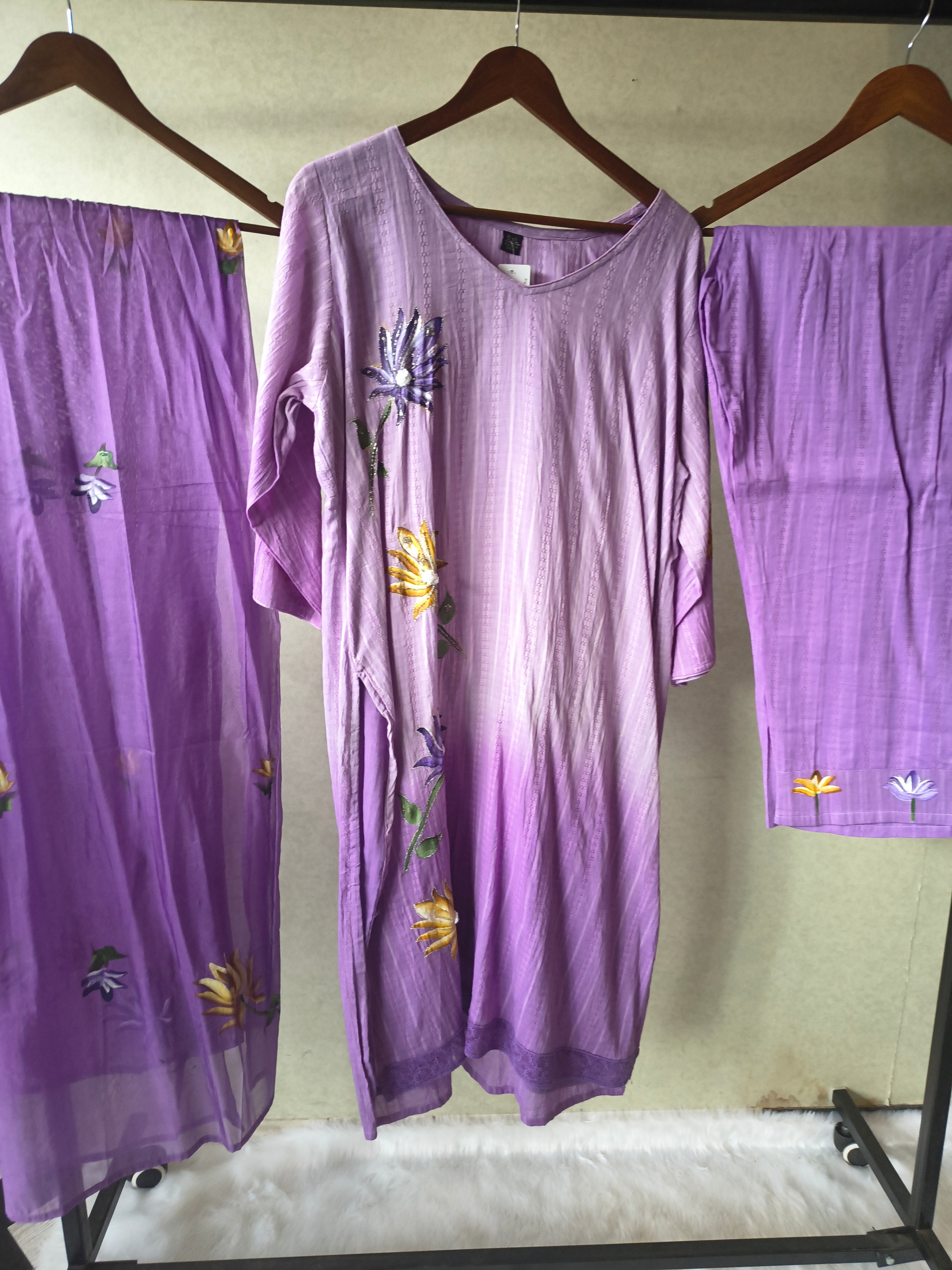 Image of Premium Lavender Embroidered Straight Kurta Set with Floral Dupatta & Straight Pants