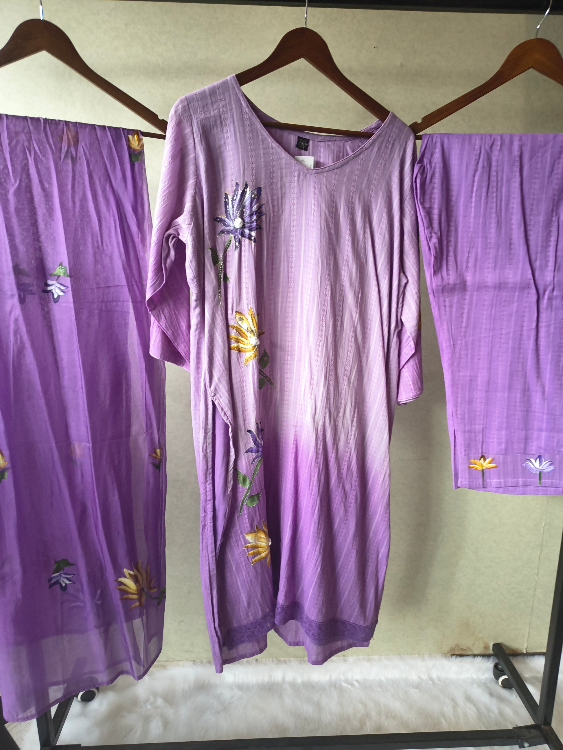 Premium Lavender Embroidered Straight Kurta Set with Floral Dupatta & Straight Pants