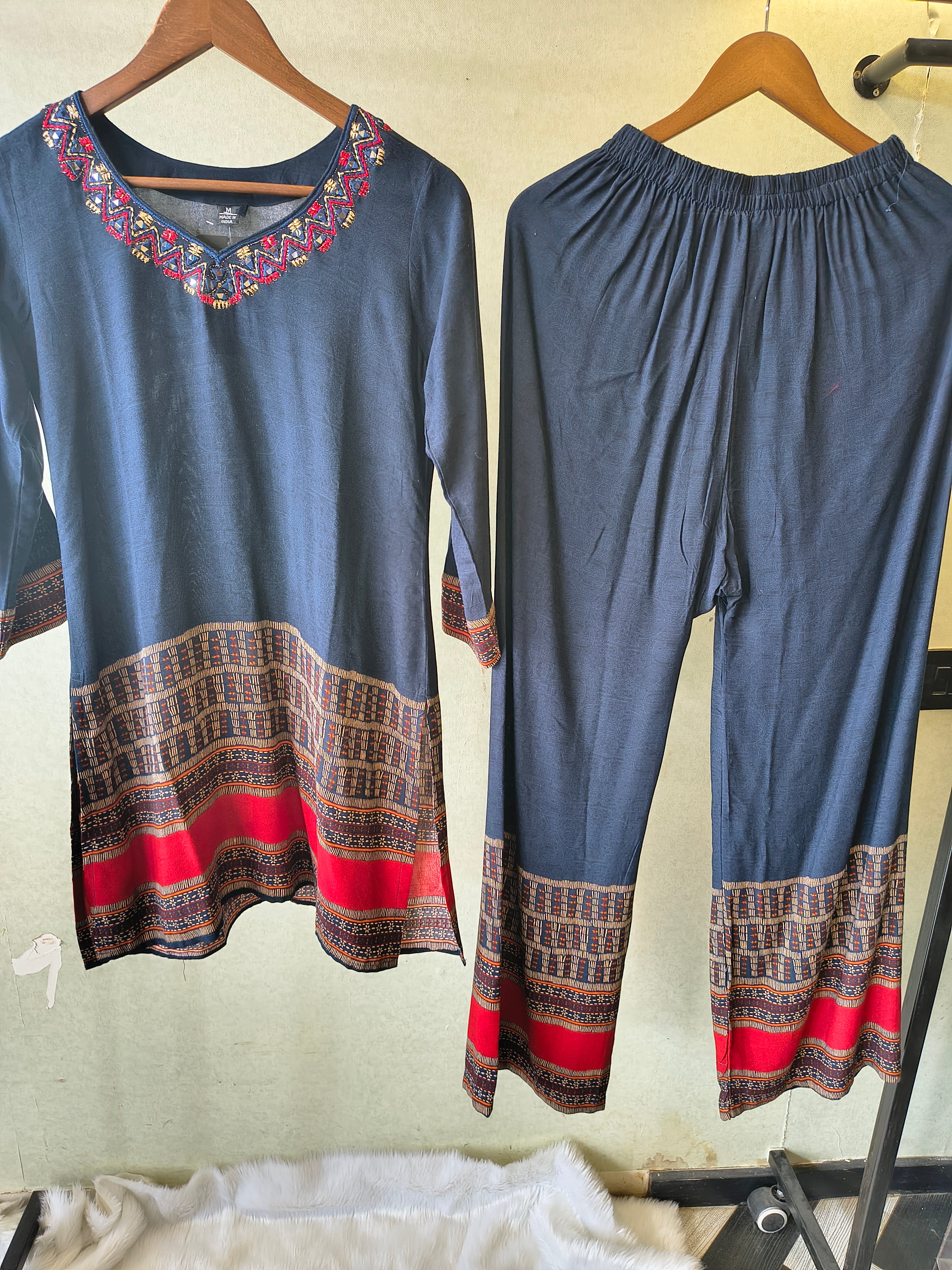 Image of Navy Blue Ethnic Border Designer Co-Ord Set with Embroidered Neckline