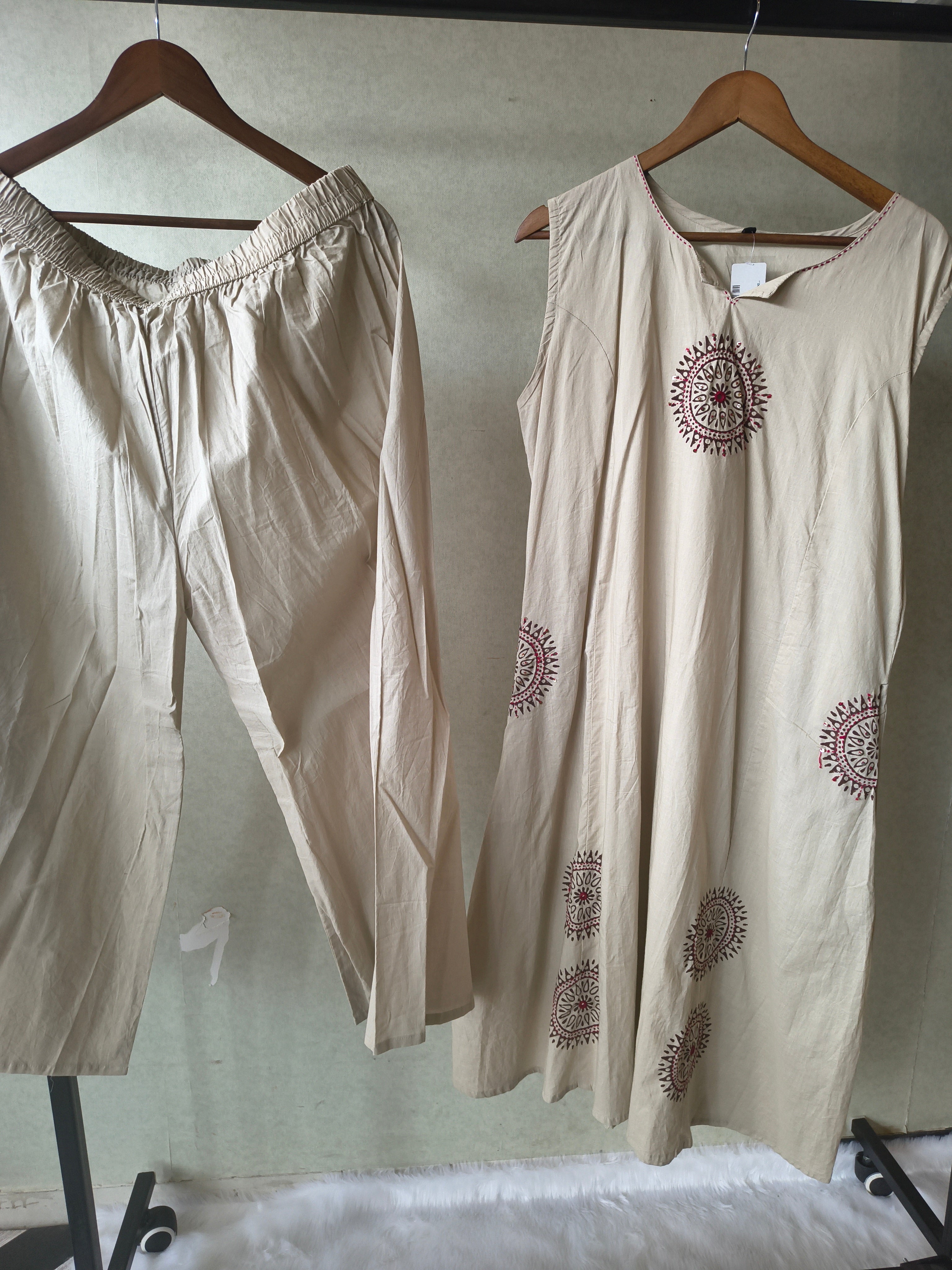 Image of Premium Beige Hand Block Motif A-Line Kurta Set with Straight Pants