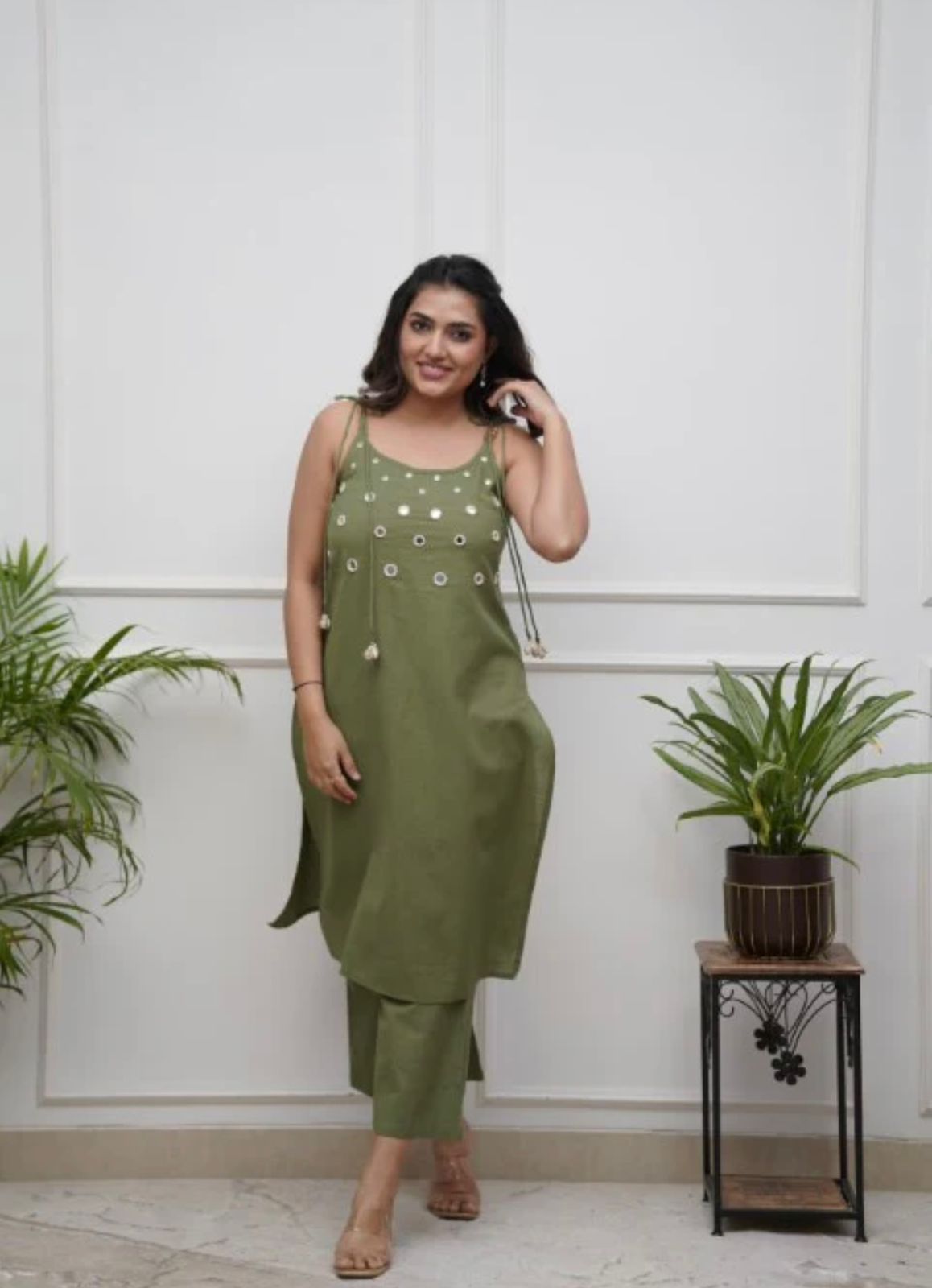 Pure Cotton Sleeveless (Sleeves Attached) with center Mirror Hand work kurti Set - 2 piece