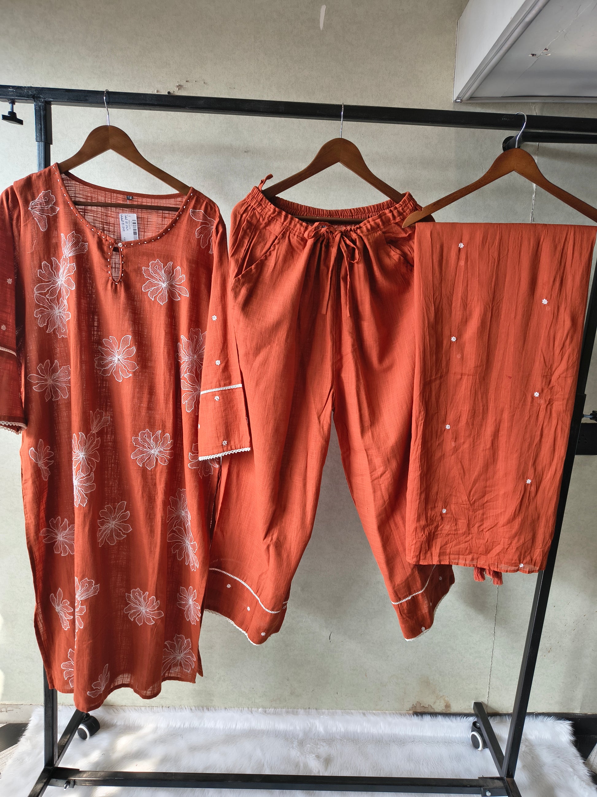 Rust Orange Floral Printed Cotton Kurta Set with Solid Pants & Embroidered Dupatta