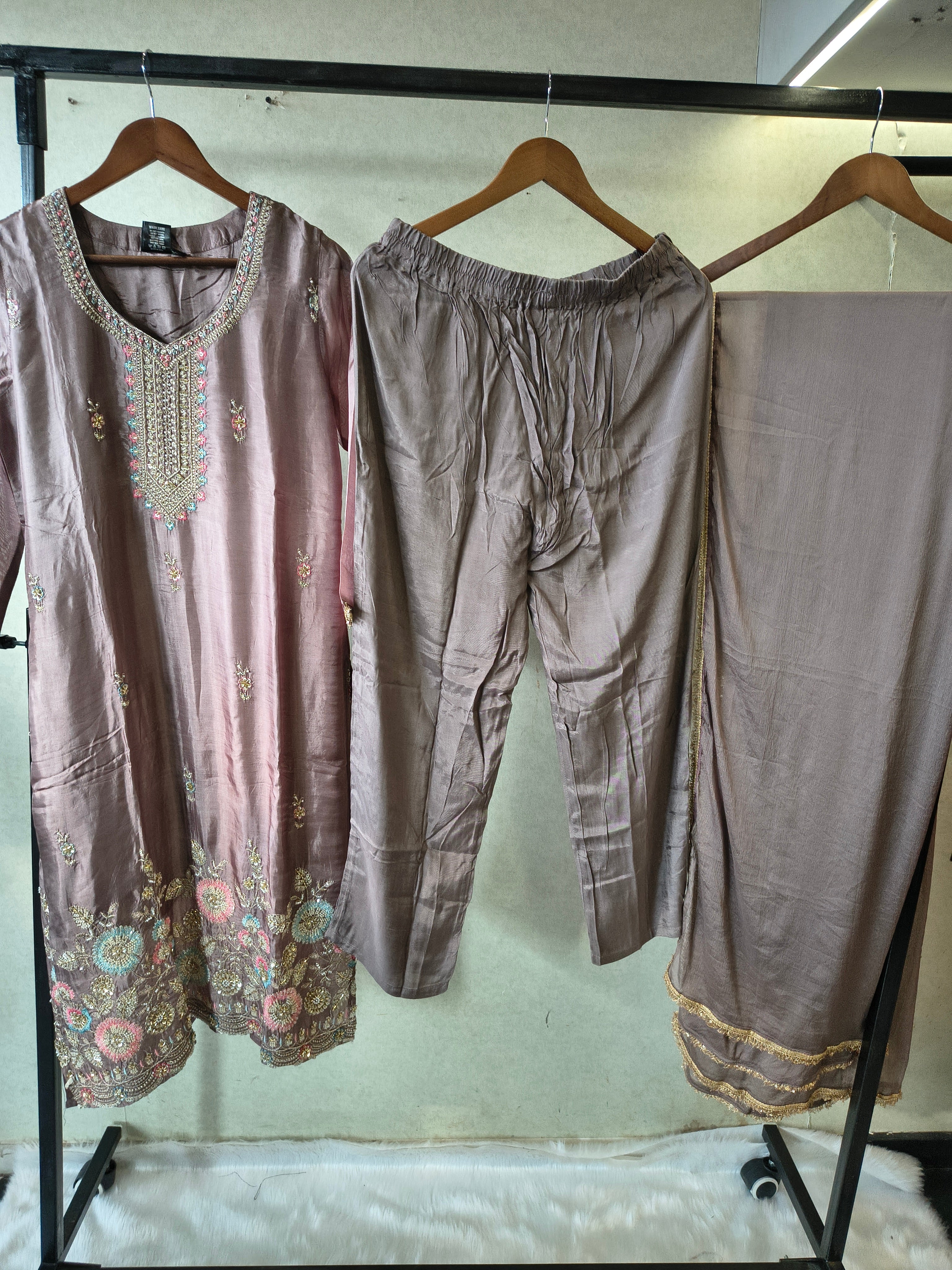 Image of Taupe Grey Embroidered Straight Kurta Set with Pastel Floral Hem, Handcrafted Yoke & Lace Border Dupatta – Premium 3 Piece Ethnic Ensemble