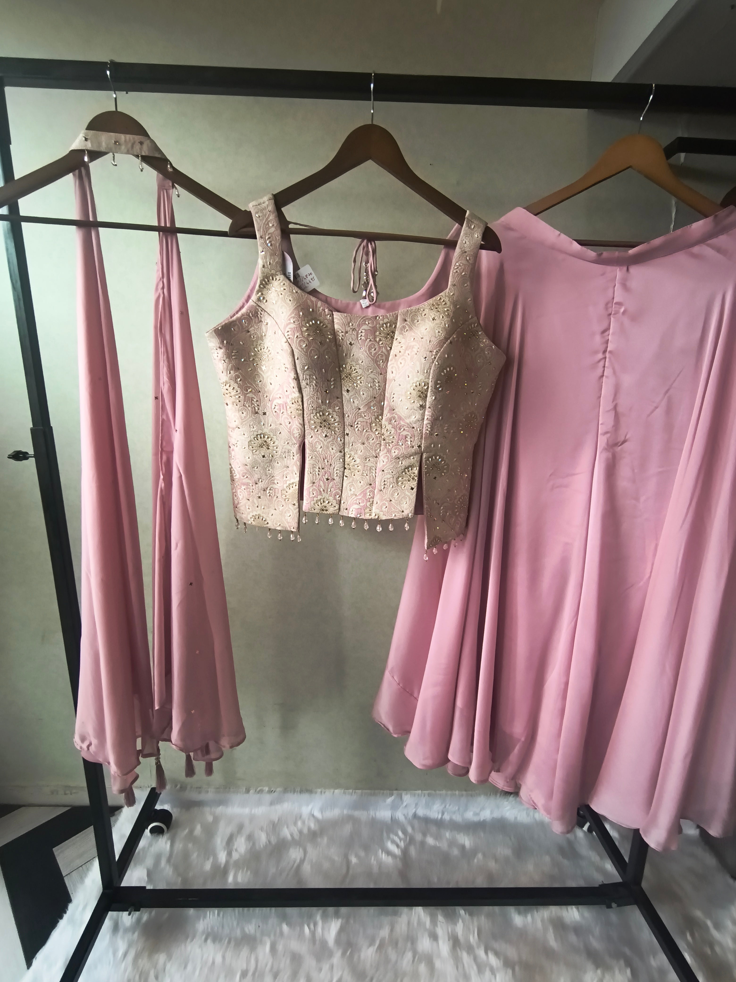 Image of Premium Blush Pink 3-Piece Designer Lehenga Set with Brocade Embroidered Blouse & Tassel Dupatta