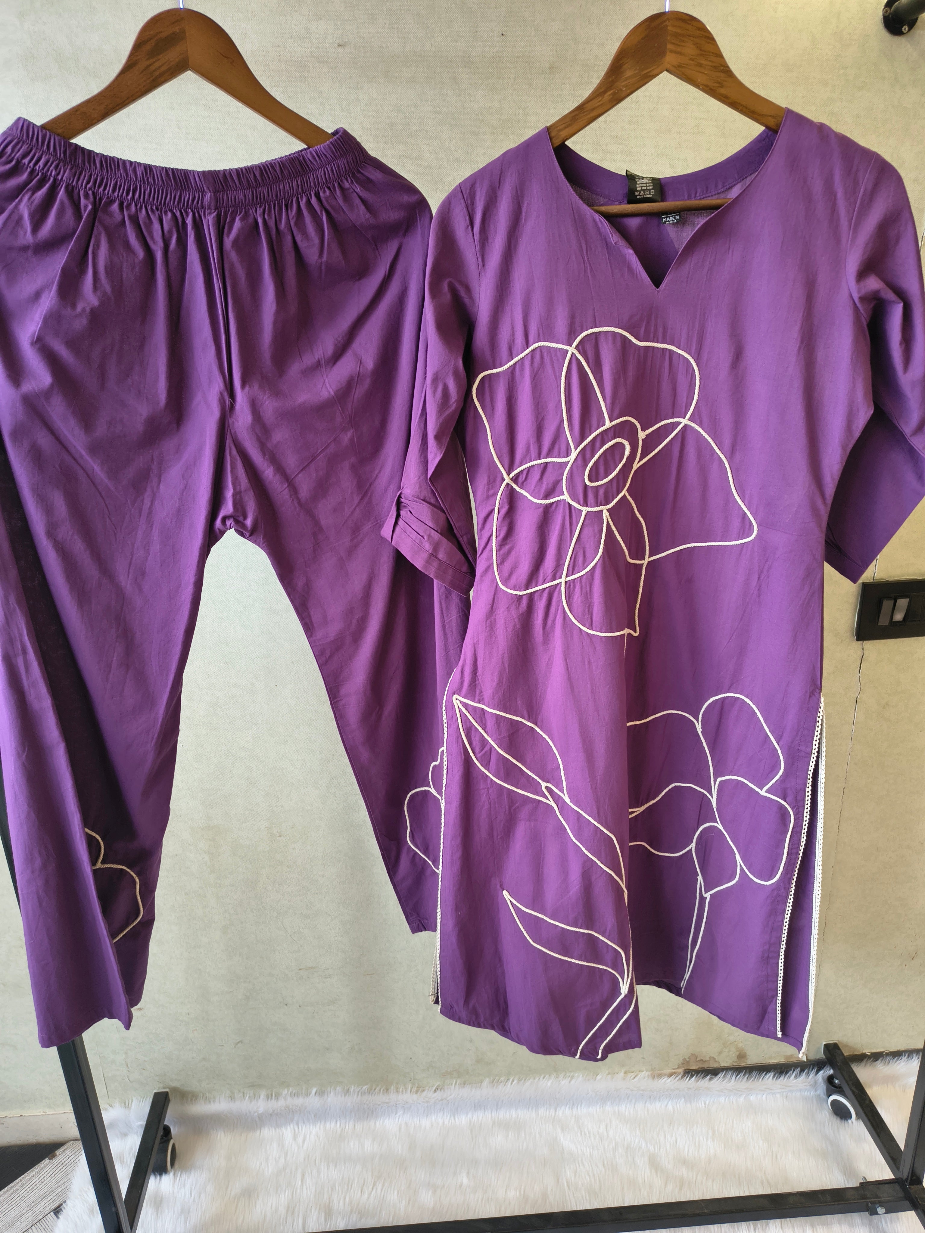 Image of Royal Purple Floral Embroidered Cotton Kurta Set with Straight Pants