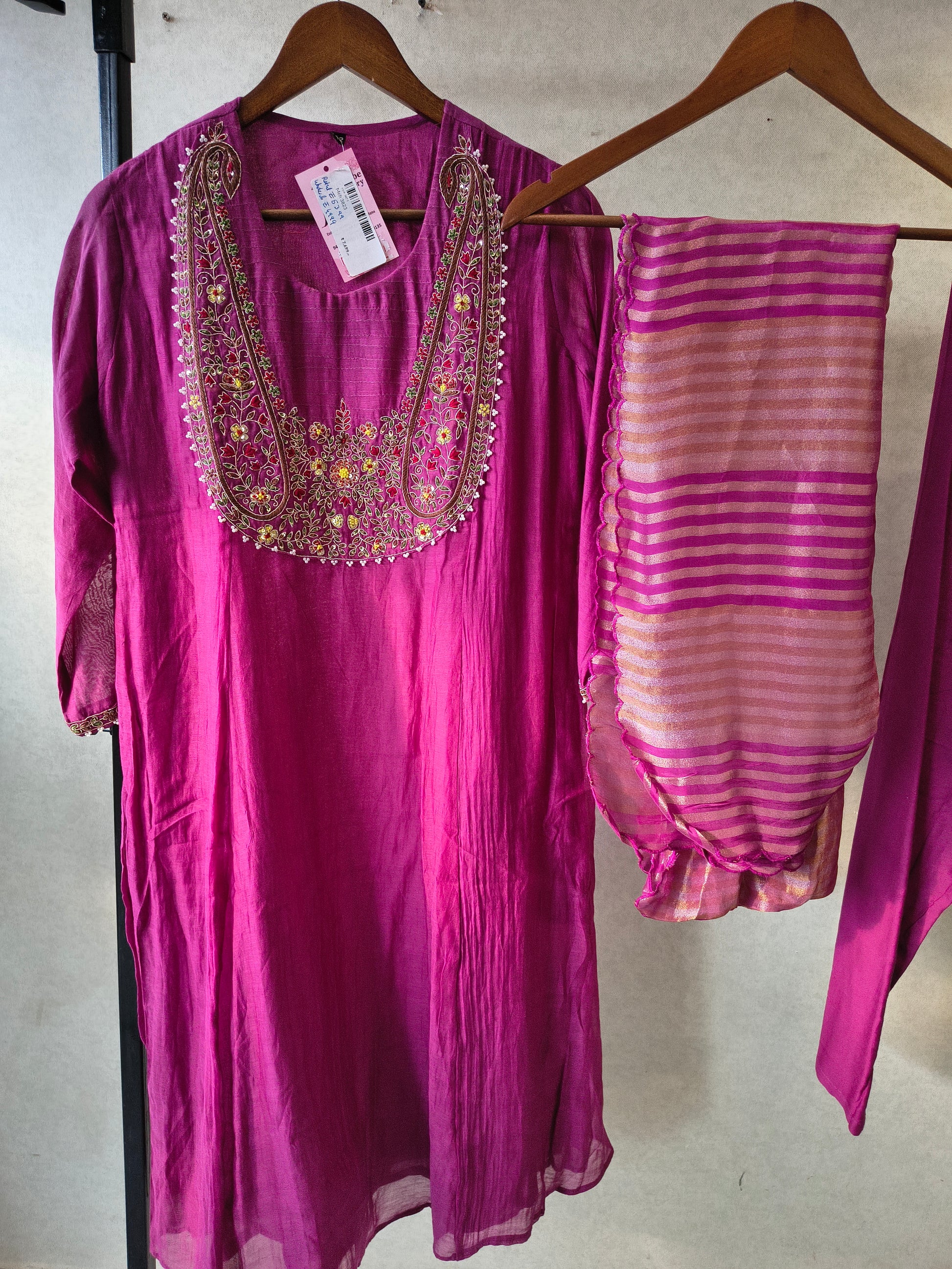 Magenta Embroidered Straight Kurta Set with Heavy Handcrafted Yoke, Striped Organza Dupatta & Premium 3 Piece Ethnic Ensemble