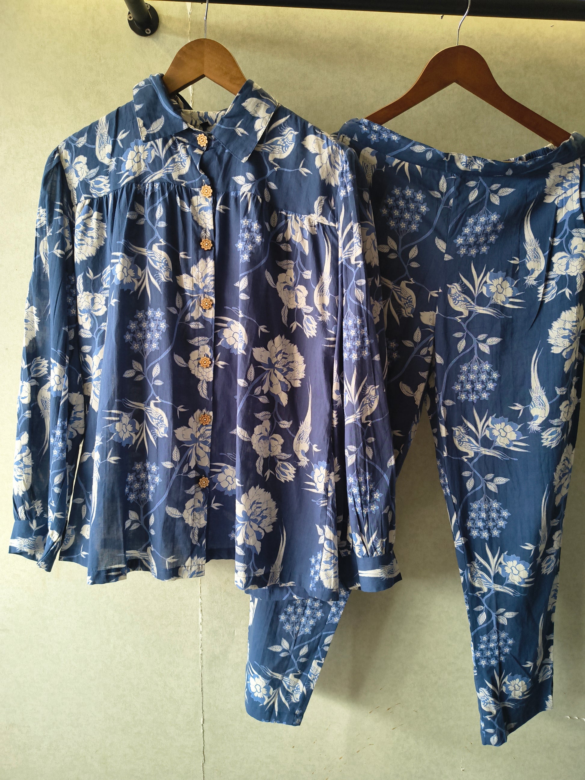 Premium Blue Floral Bird Print Shirt Co-Ord Set