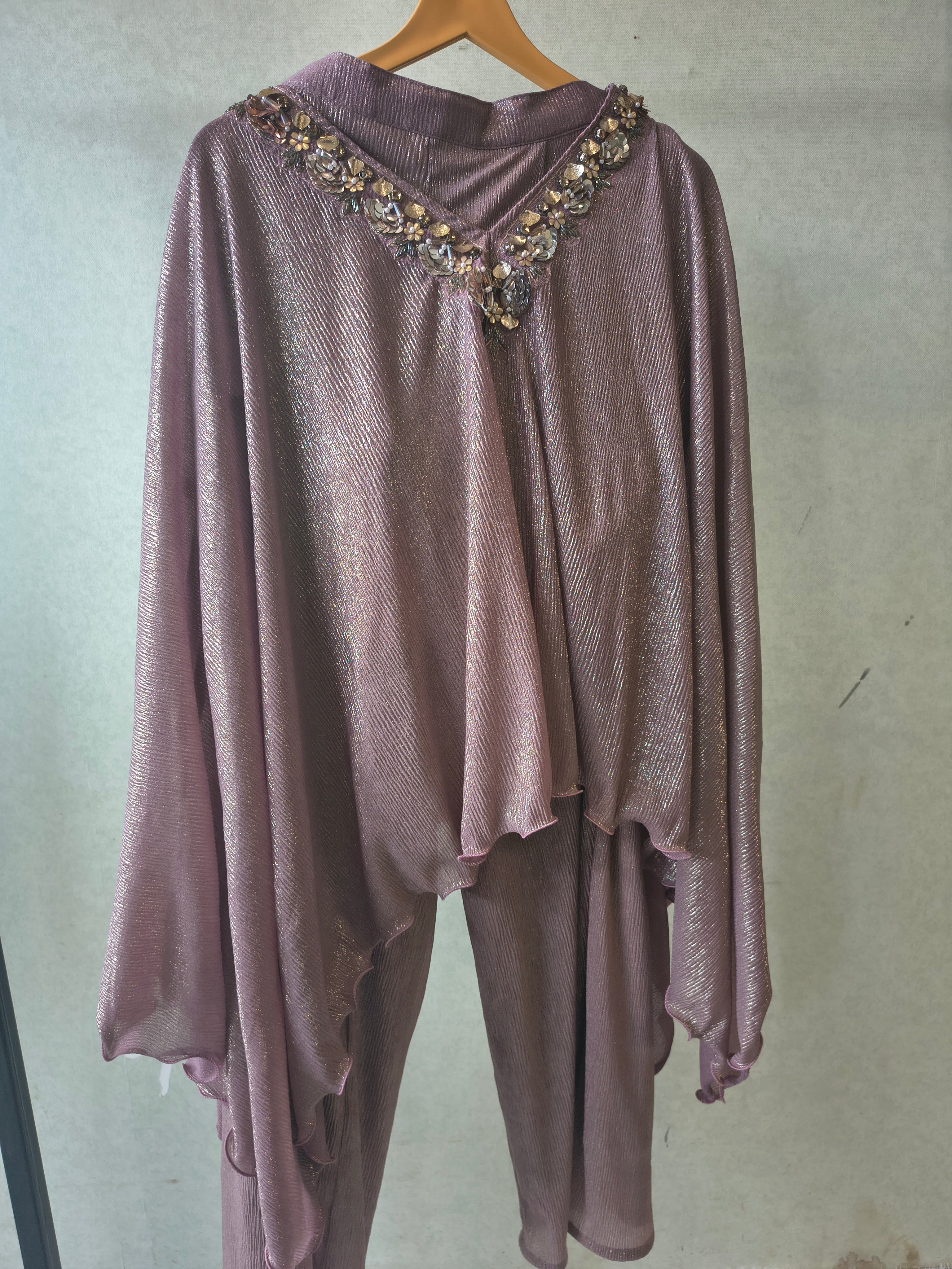 Image of Premium Rose Gold Shimmer Kaftan Co-Ord Set with Hand Embellished Cape & Straight Pants
