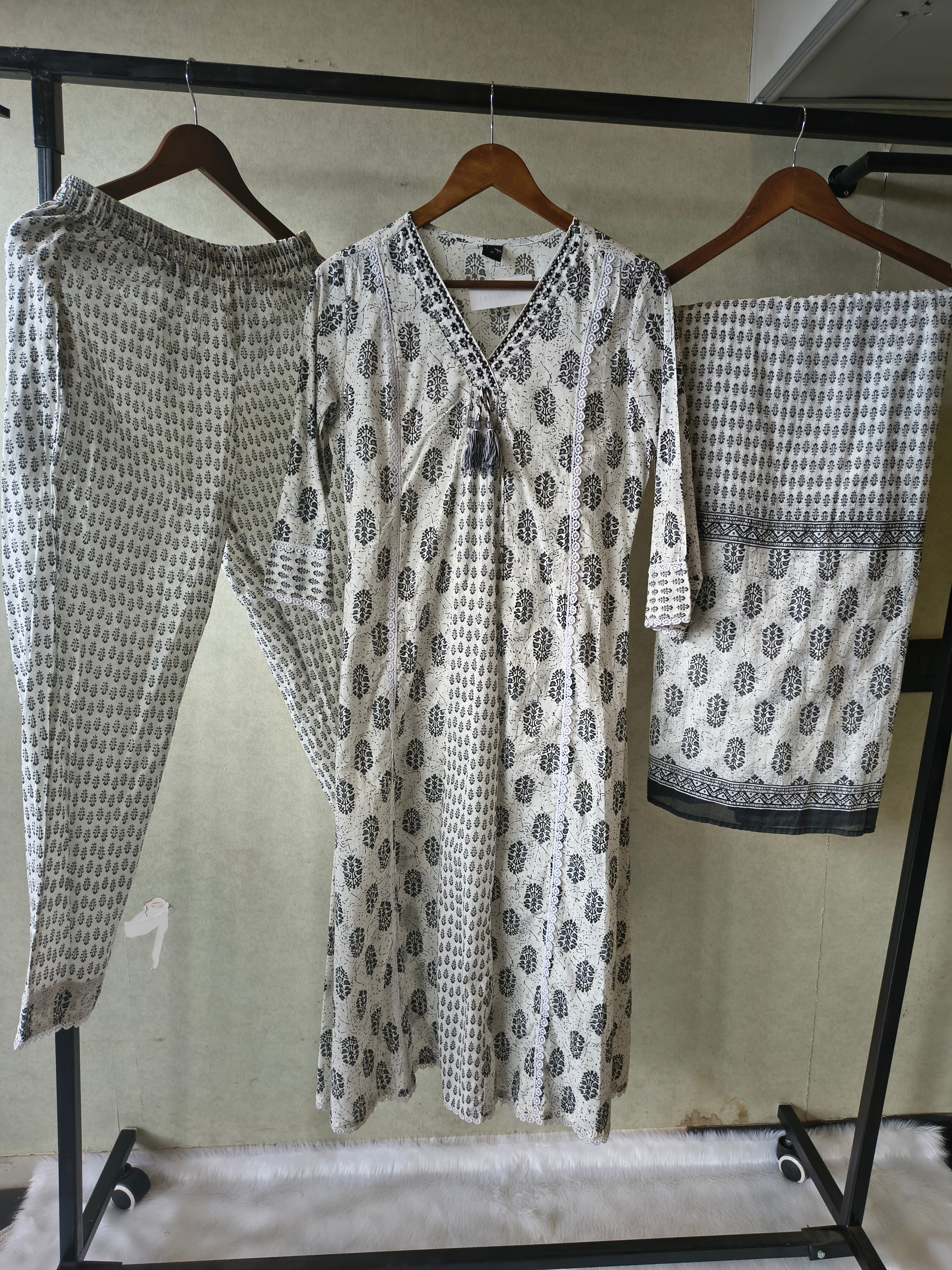 Image of Premium Black & White Hand Block Printed Cotton Anarkali Kurta Set with Printed Pants & Dupatta