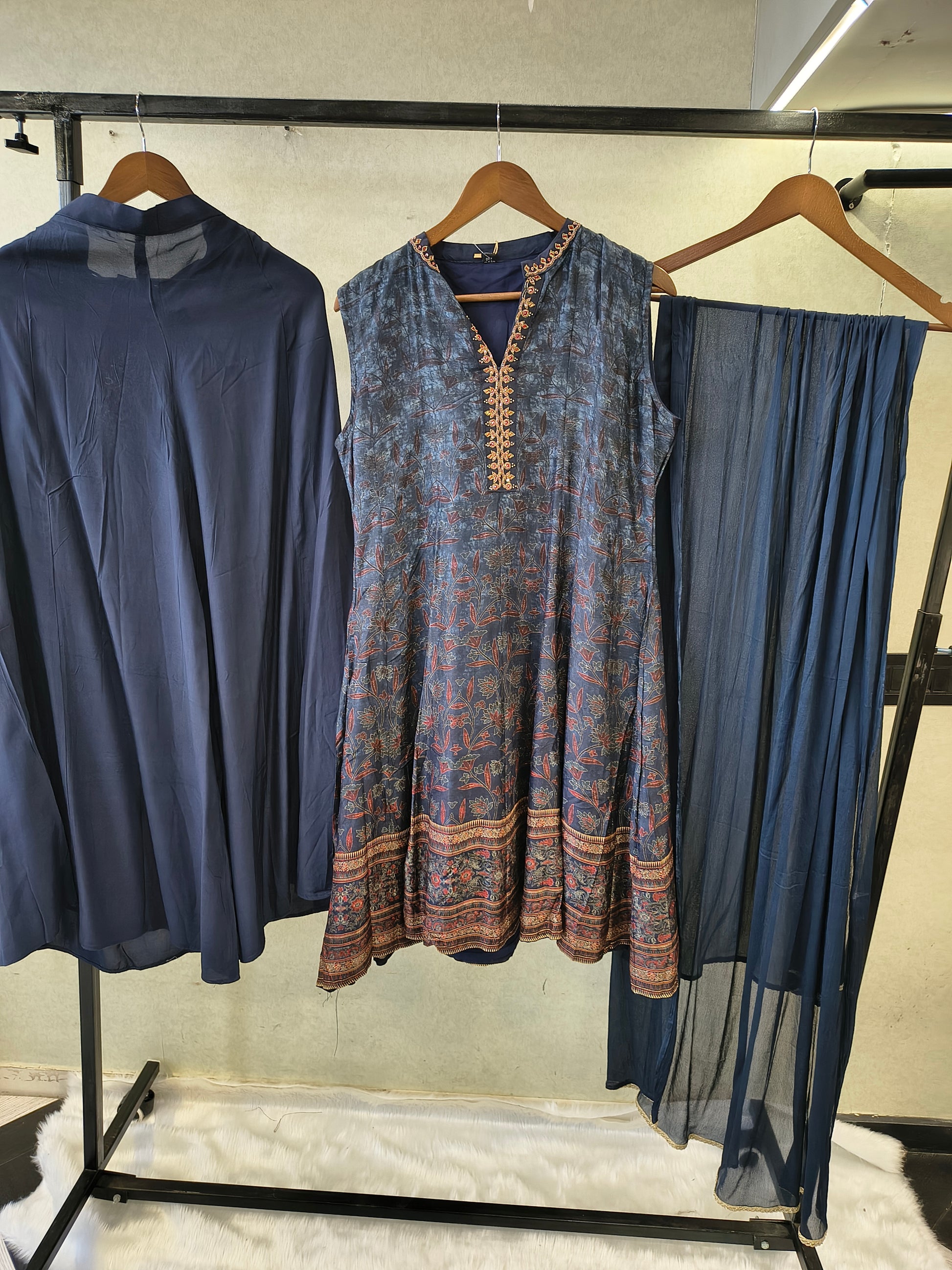 Midnight Navy Printed Anarkali Kurta Set with Embroidered Neckline, Palazzo & Chiffon Dupatta | Premium 3 Piece Festive Ensemble