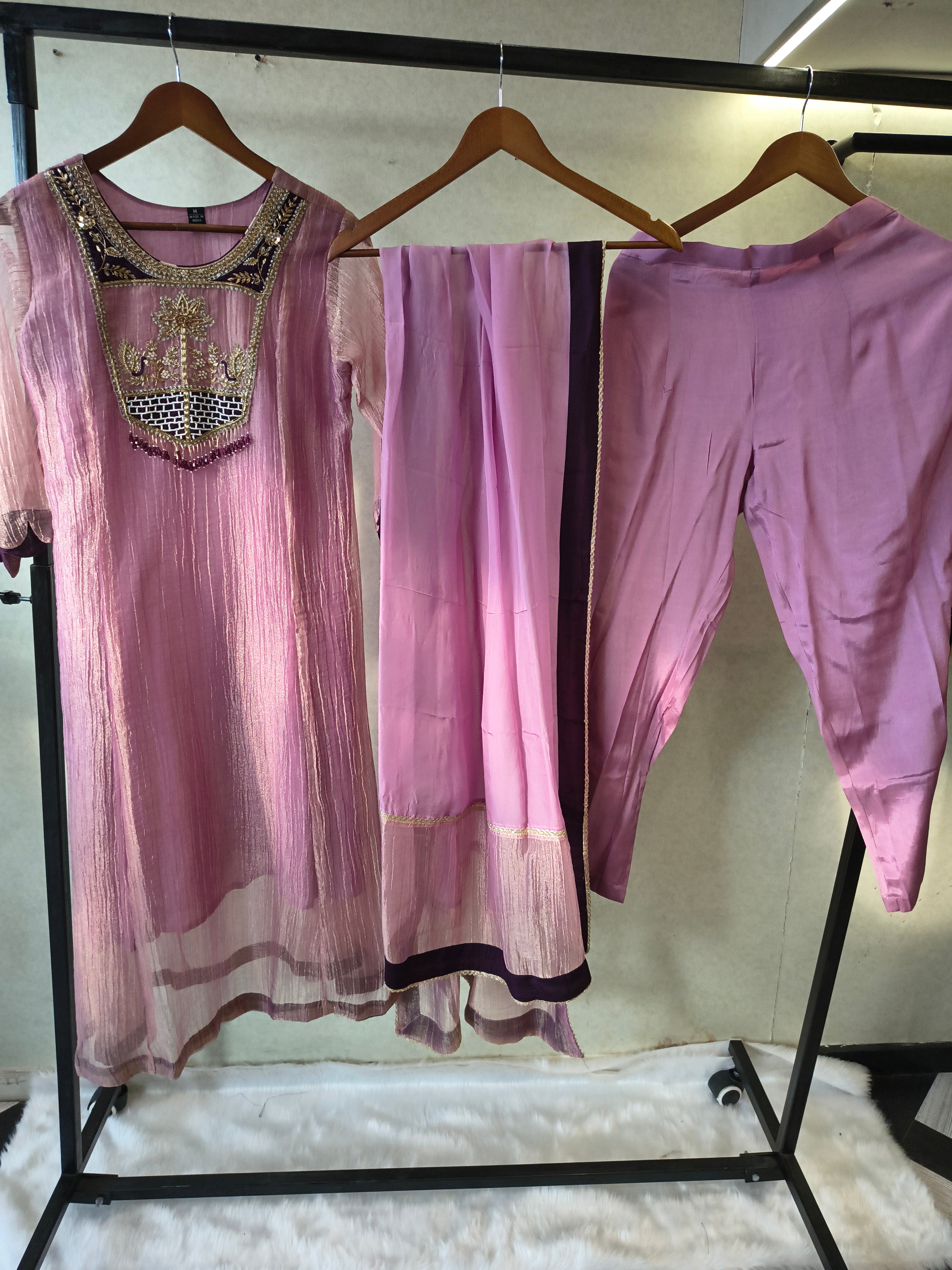 Image of Lavender Embroidered Anarkali Kurta Set with Handcrafted Statement Yoke & Organza Dupatta | Premium 3 Piece Ethnic Ensemble