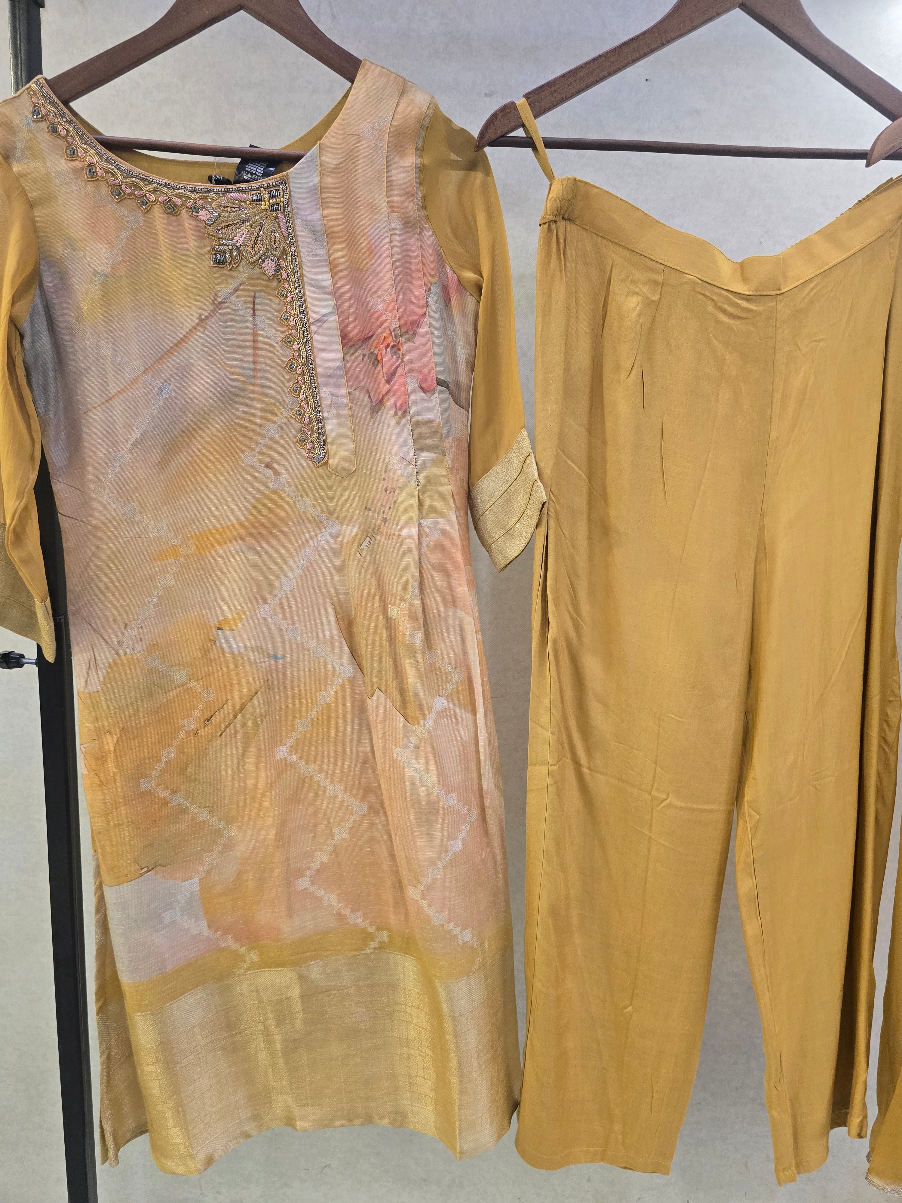 Image of Mustard Abstract Printed Designer Kurta Set with Chiffon Dupatta | Premium 3 Piece Ethnic Suit