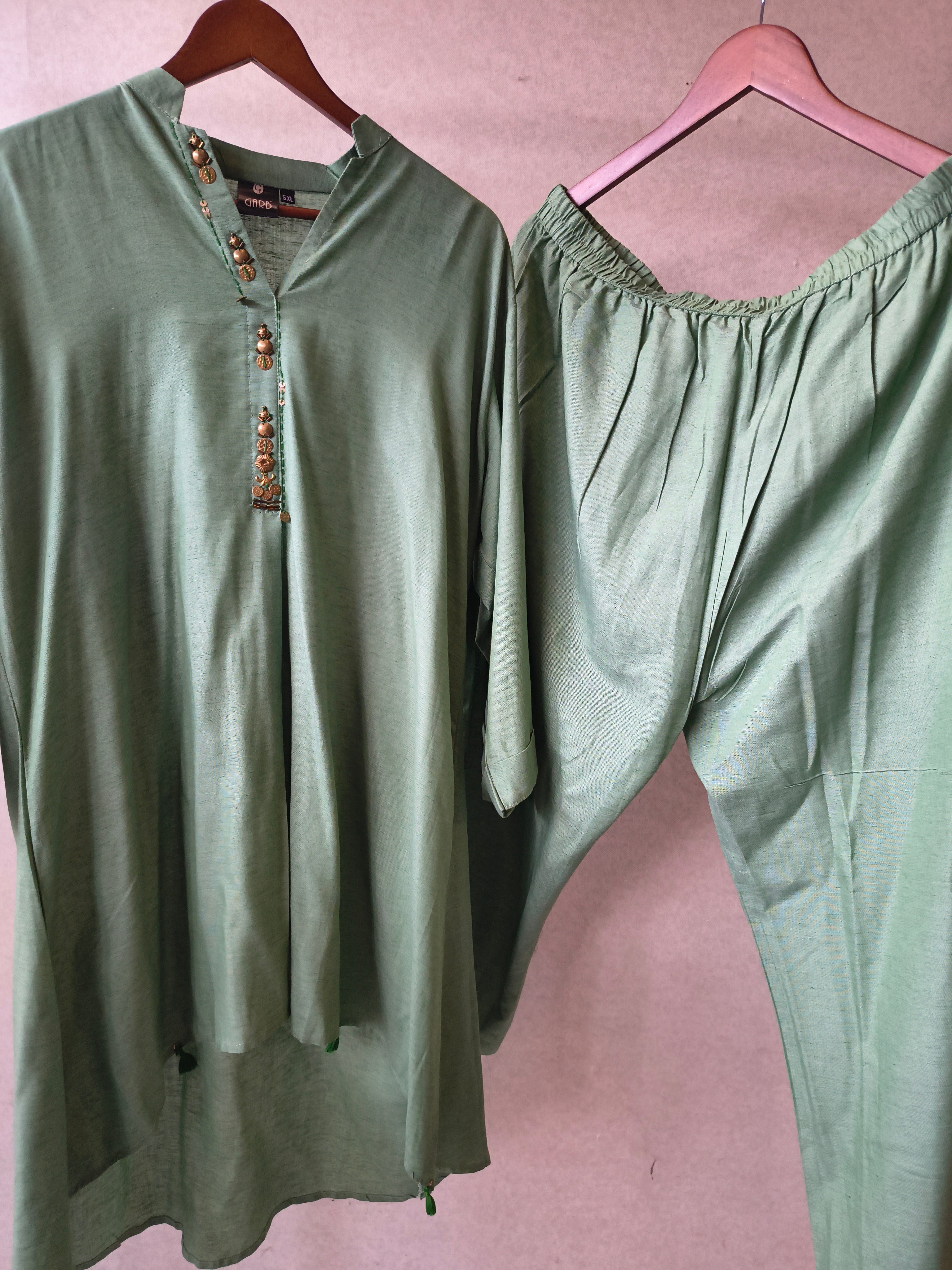 Image of Premium Sage Green Designer Co-Ord Kurta Set with Antique Button Detailing
