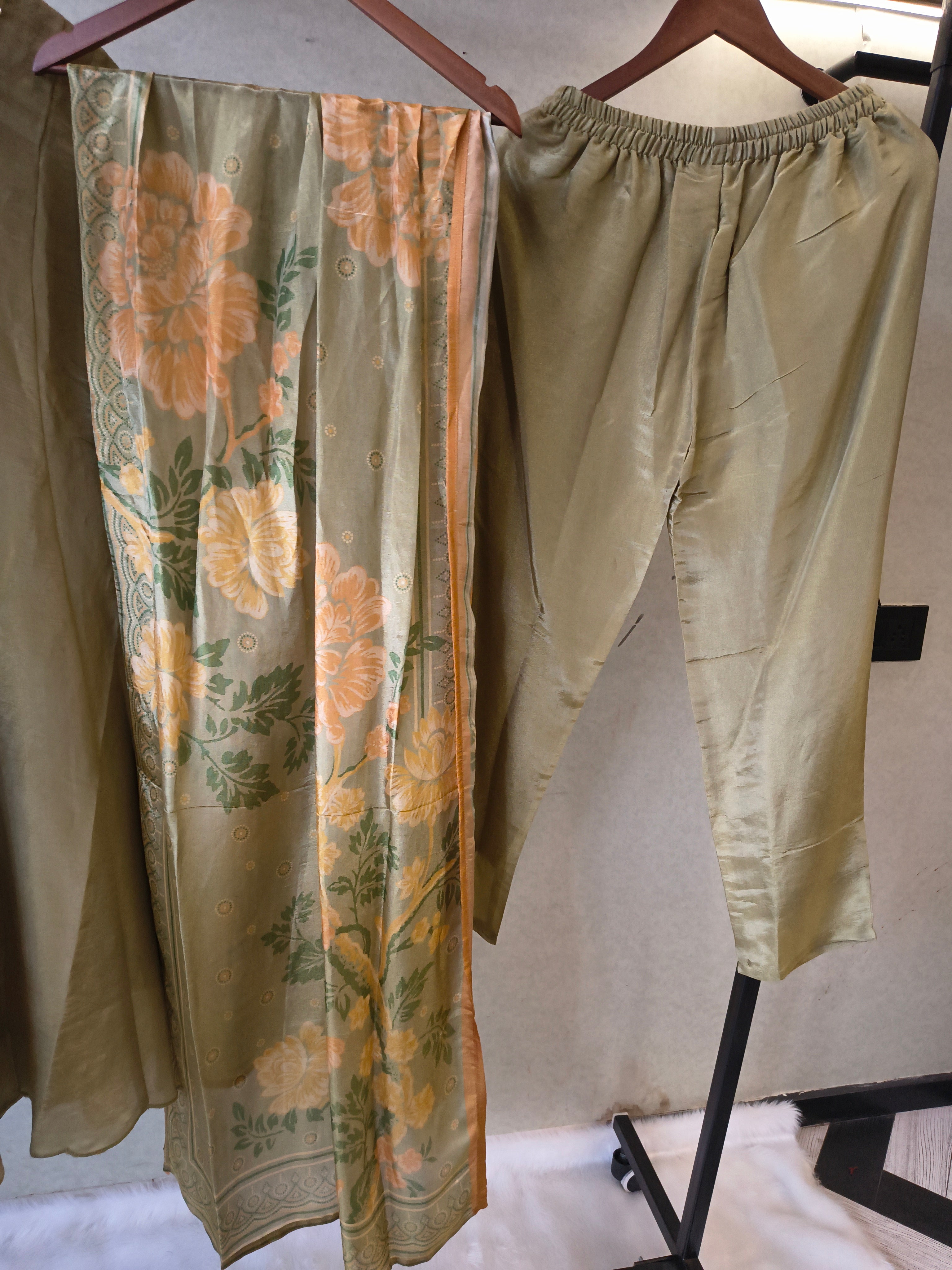Image of Sage Olive Embroidered Designer Kurta Set with Floral Printed Dupatta | Premium 3 Piece Ethnic Suit