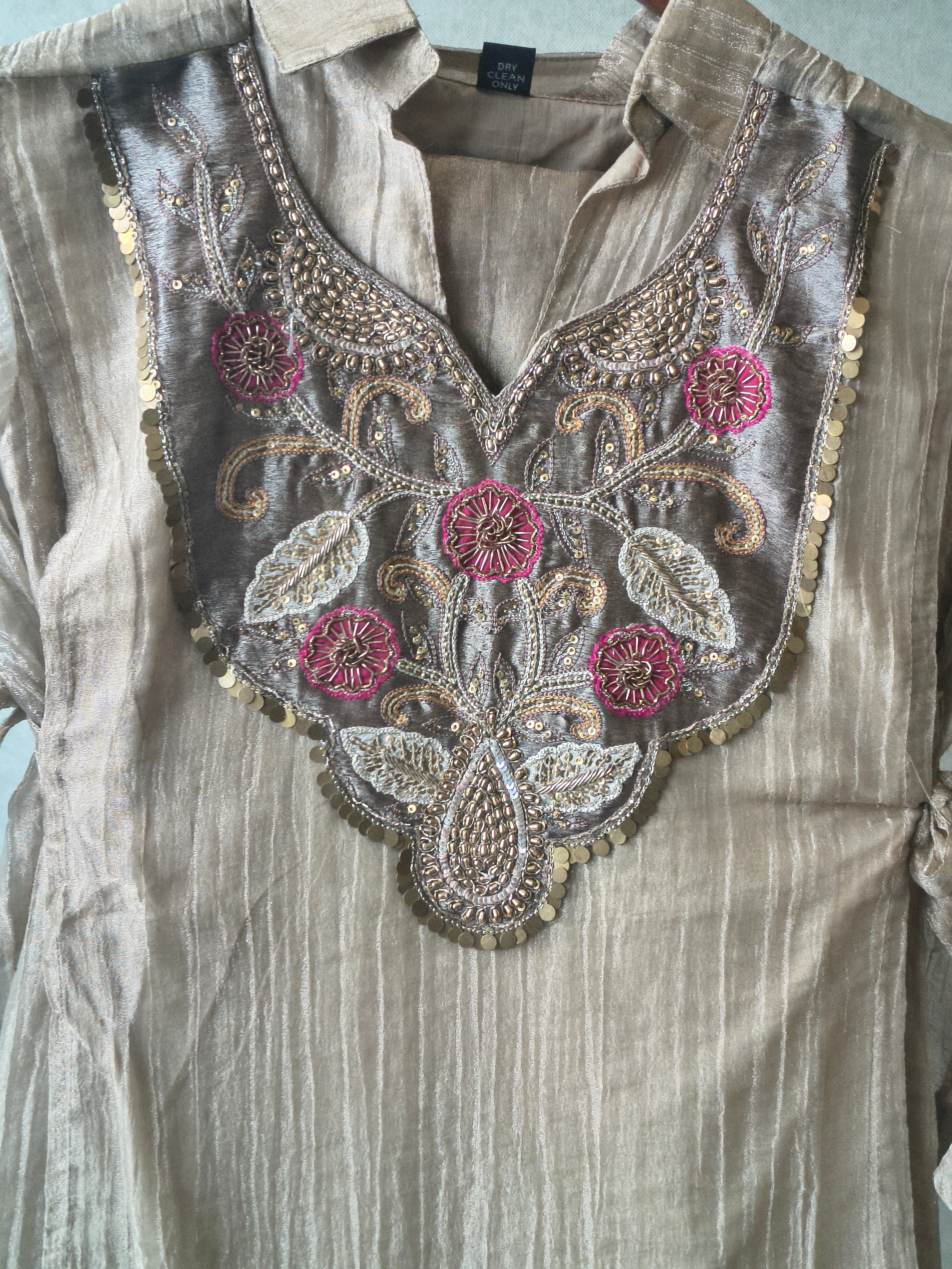 Image of Premium Champagne Tissue Silk Embroidered Kurta with Hand Embellished Statement Yoke