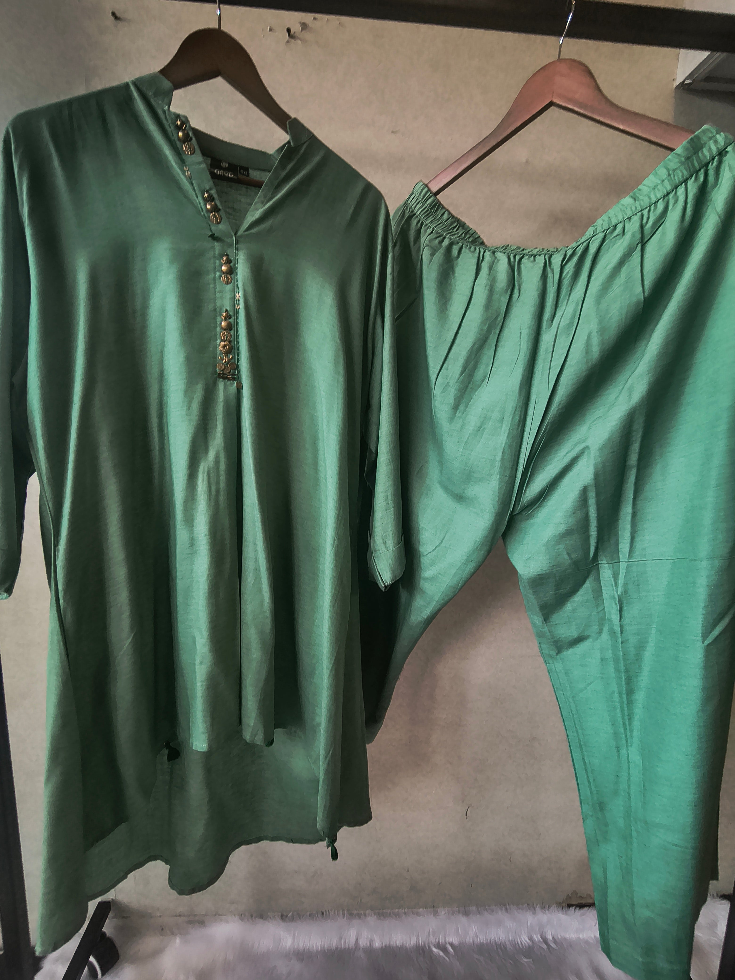 Image of Premium Sage Green Designer Co-Ord Kurta Set with Antique Button Detailing