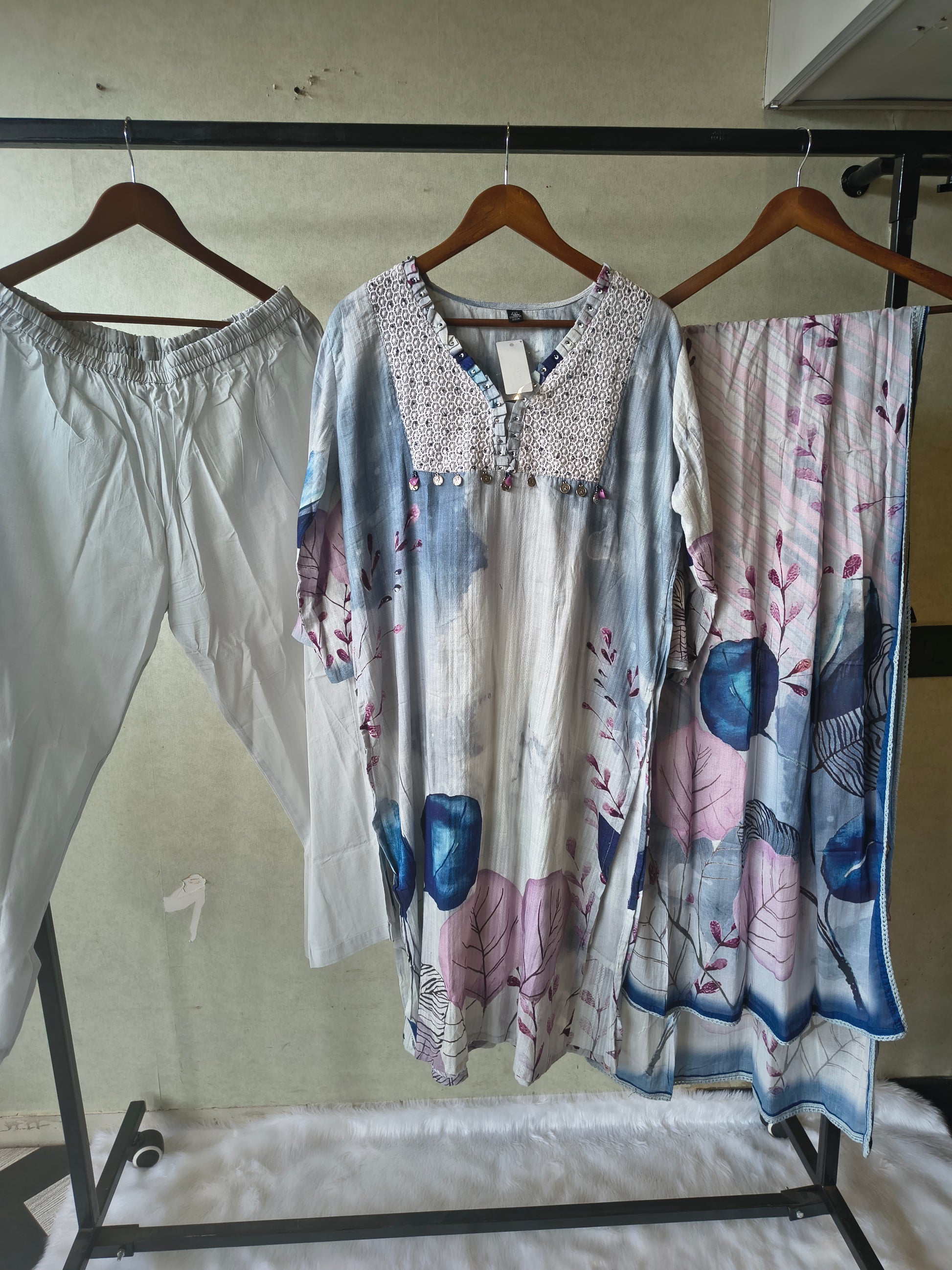 Premium Ice Blue Floral Printed Straight Kurta Set with Crochet Yoke, Straight Pants & Designer Dupatta