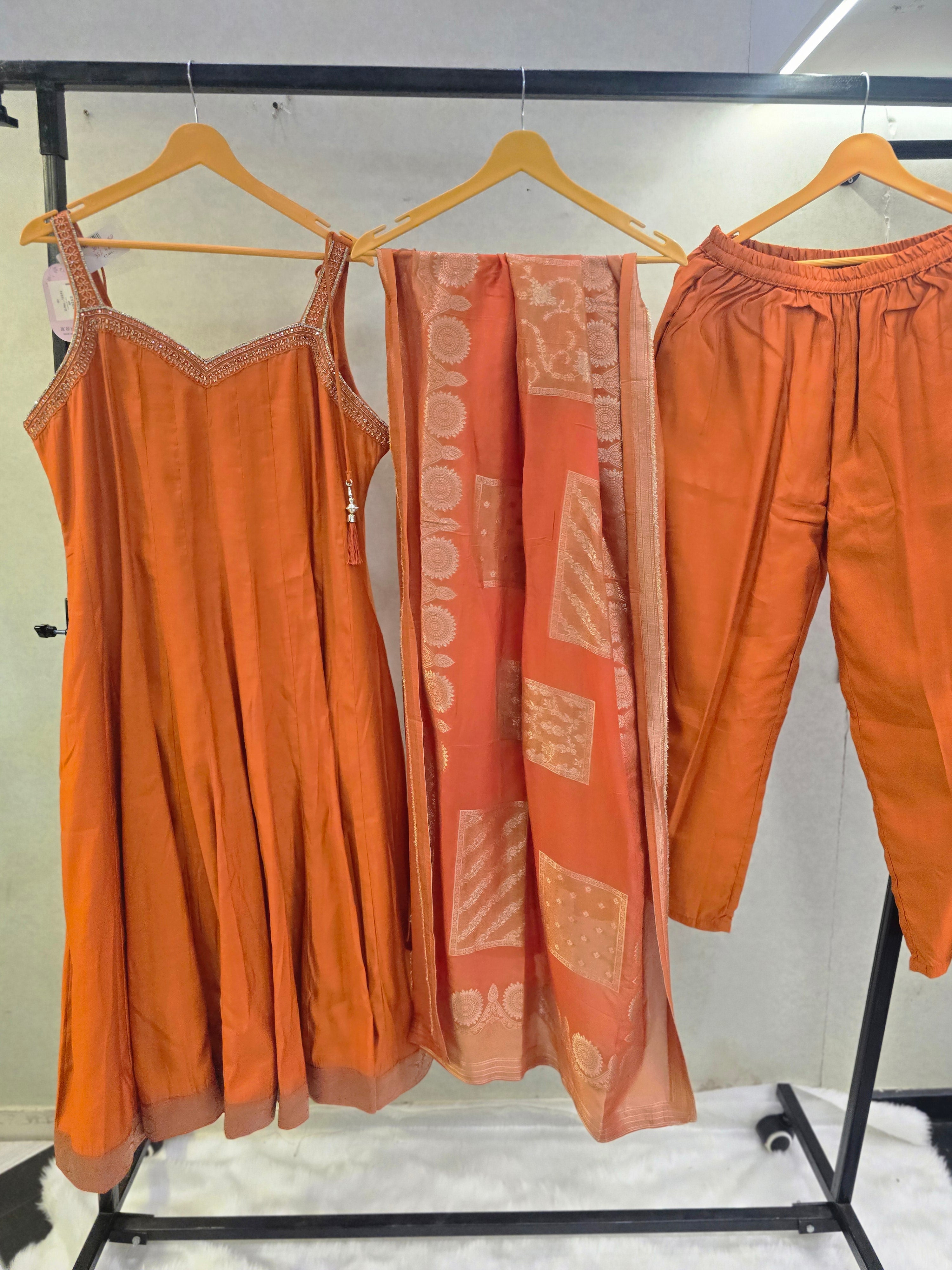 Image of Rust Orange Embellished A-Line Kurta Set with Printed Dupatta | Premium 3 Piece Ethnic Suit
