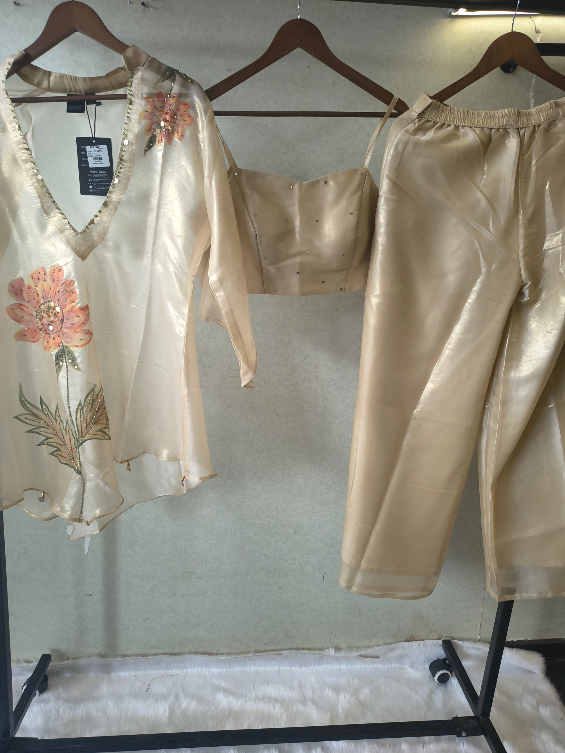 Champagne Gold Floral Hand-Painted Kaftan Co-ord Set with Embellished Blouse & Satin Palazzo