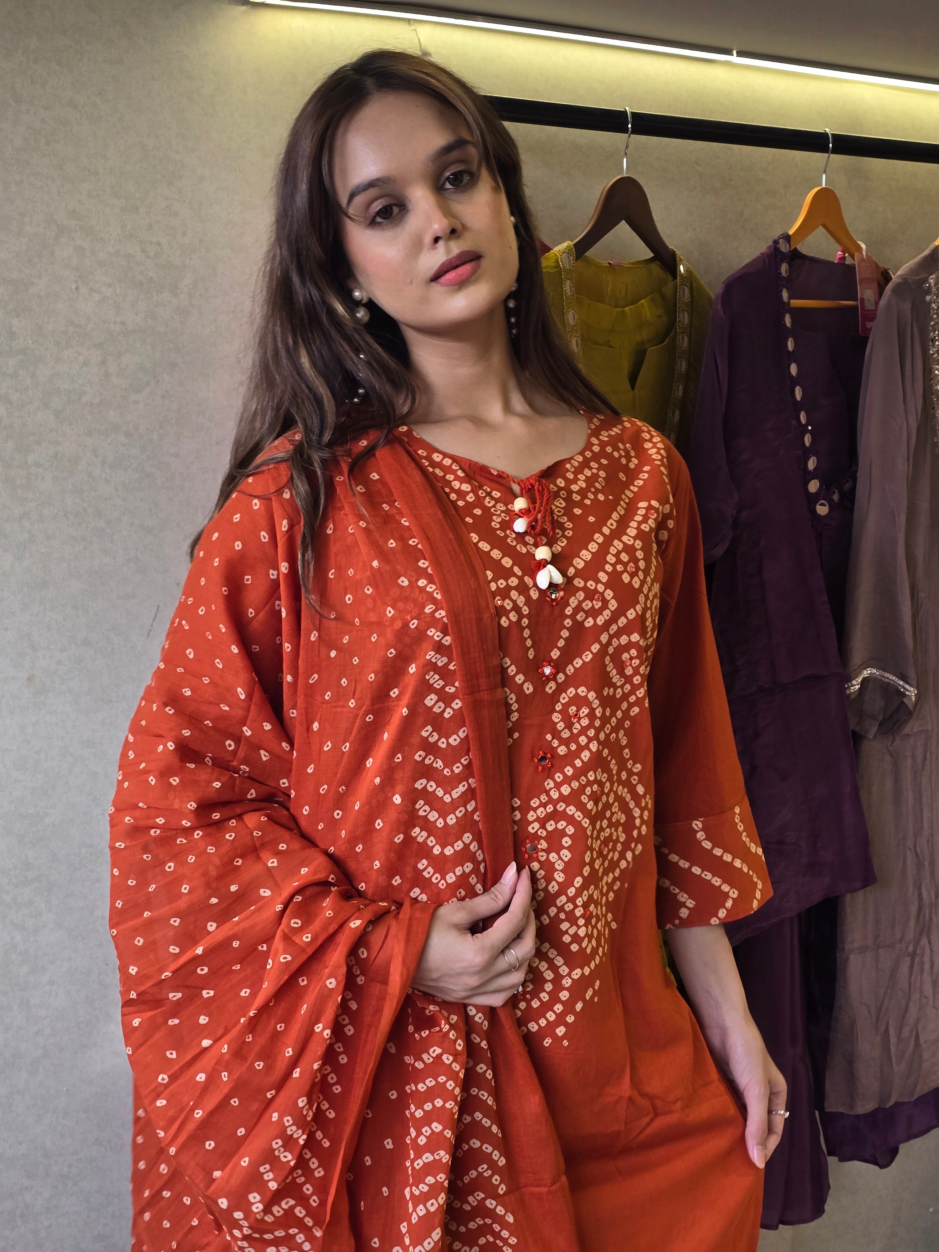 Image of Pure Mull Cotton Bandhani 3 Piece Set
