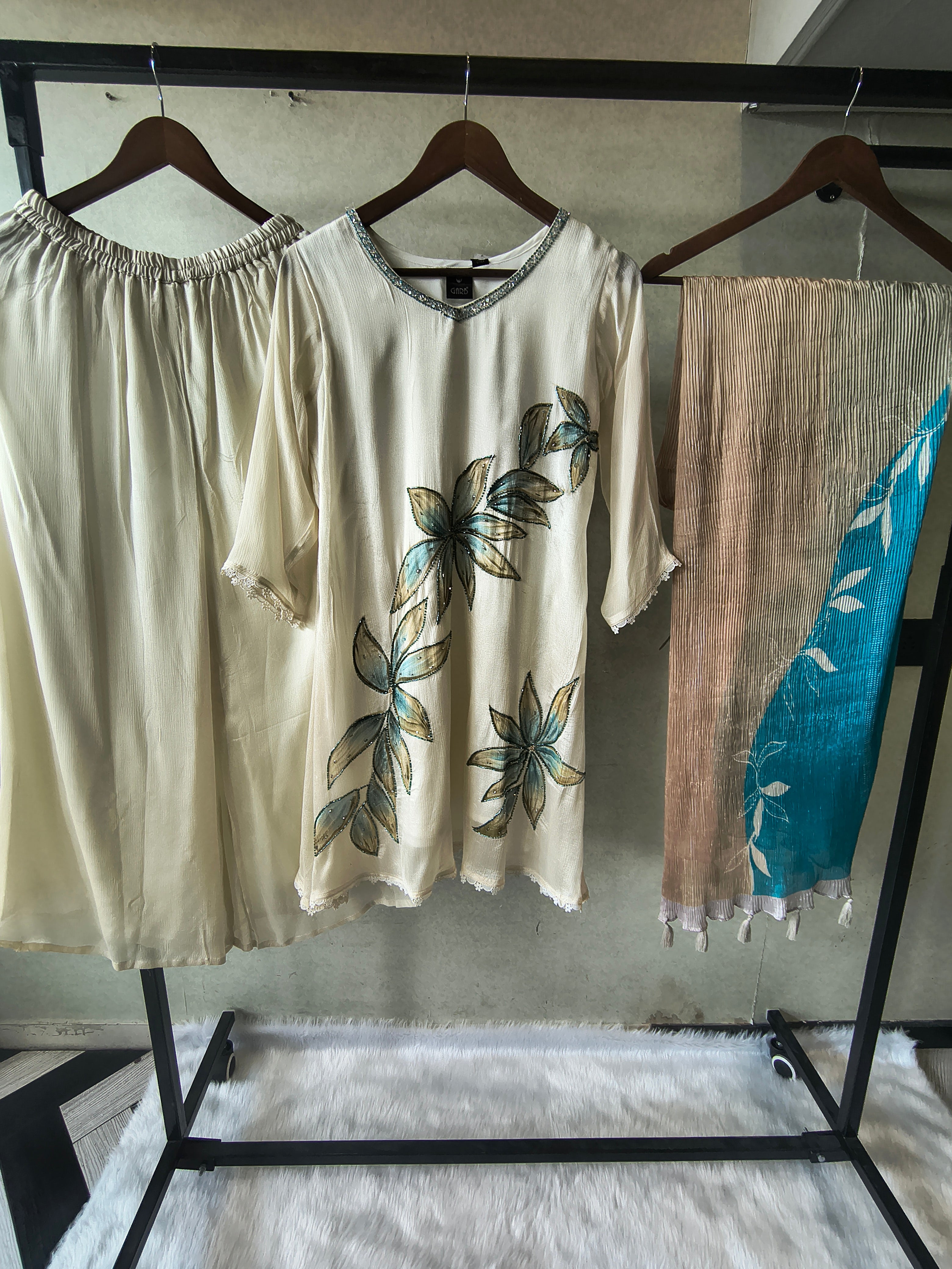 Image of Ivory Floral Hand-Painted Three-Piece Kurta Set with Palazzo & Ombre Dupatta