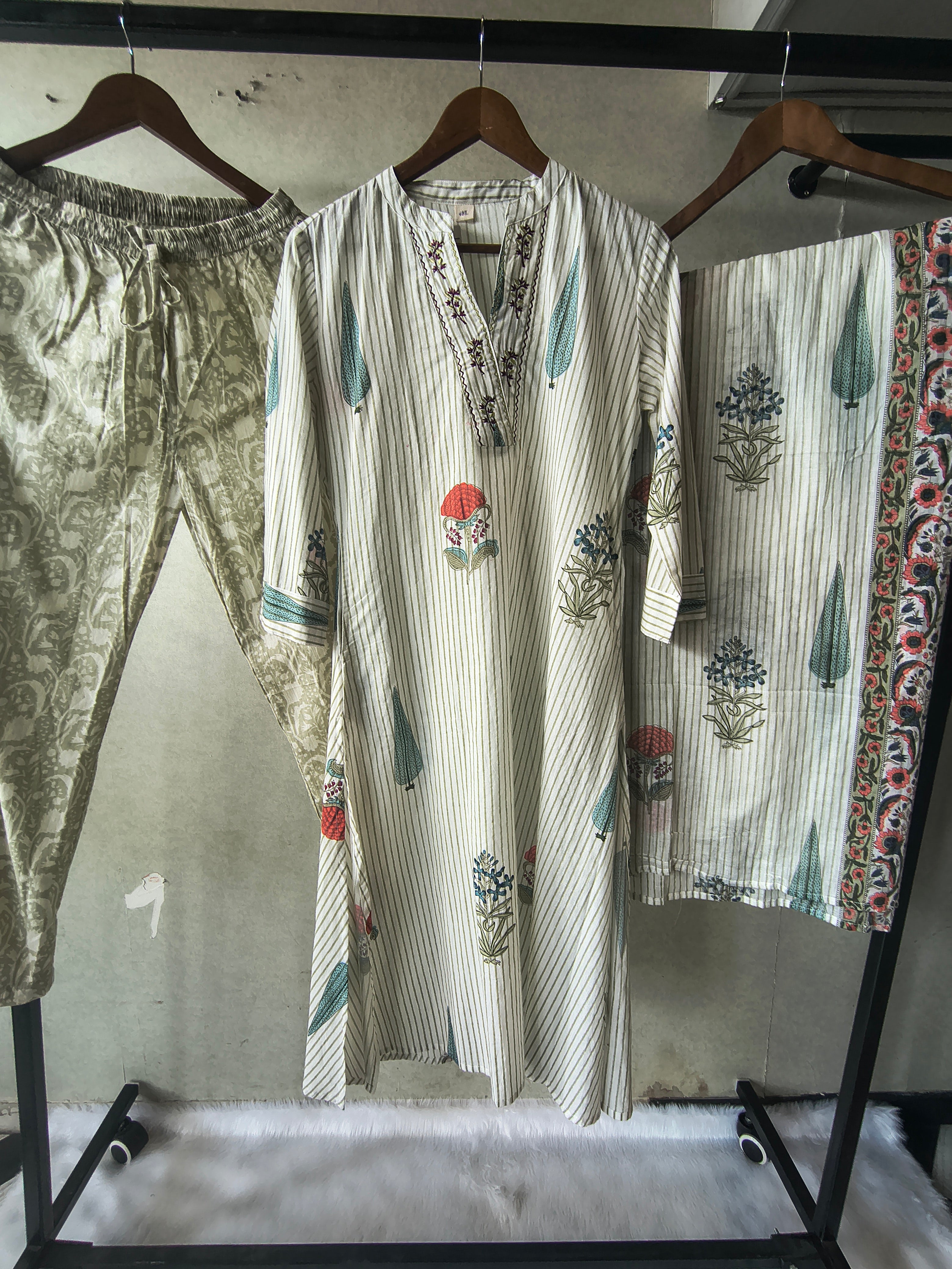 Image of Premium Ivory Handblock Printed Cotton Straight Kurta Set with Printed Pants & Dupatta