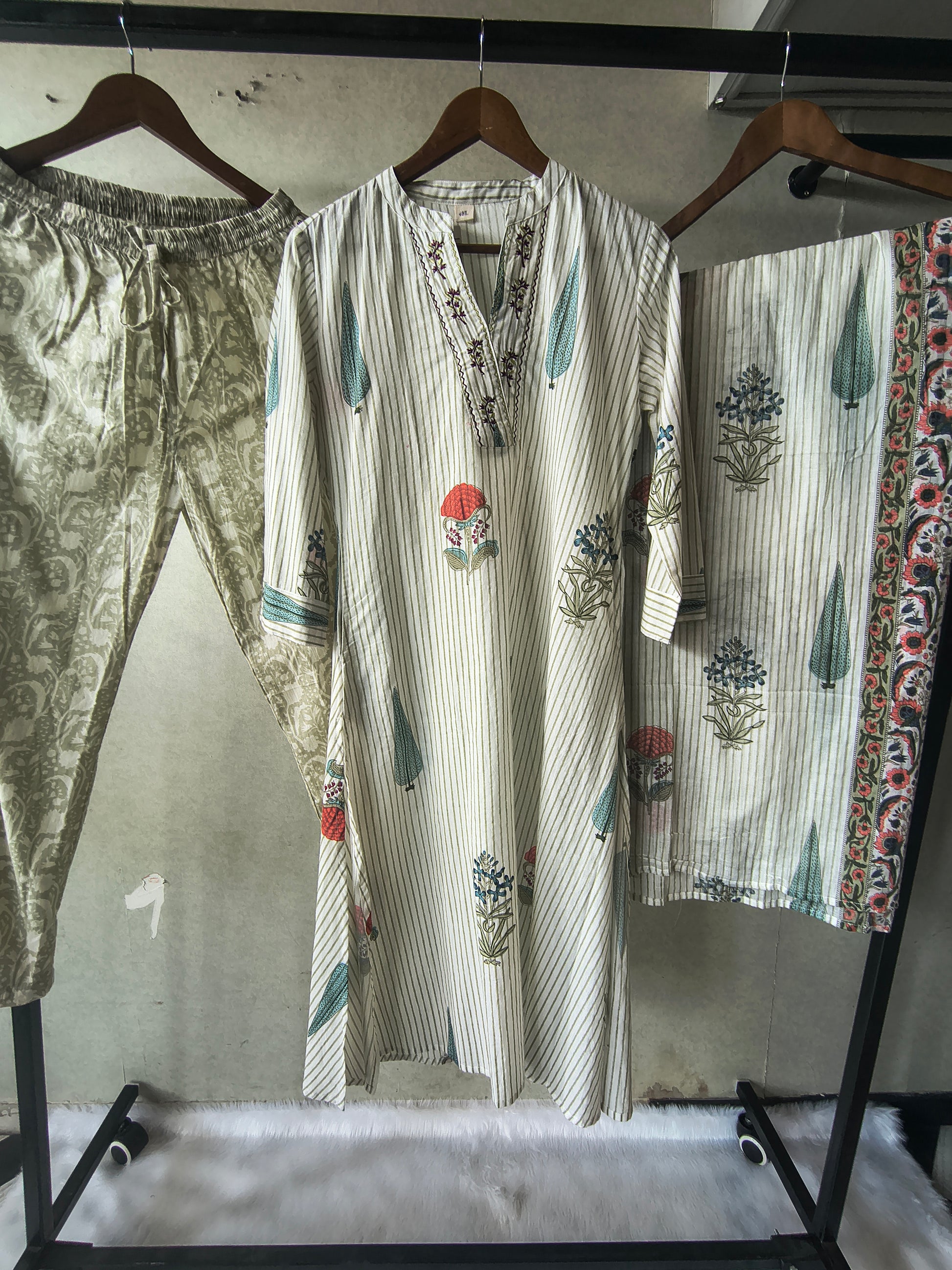 Premium Ivory Handblock Printed Cotton Straight Kurta Set with Printed Pants & Dupatta