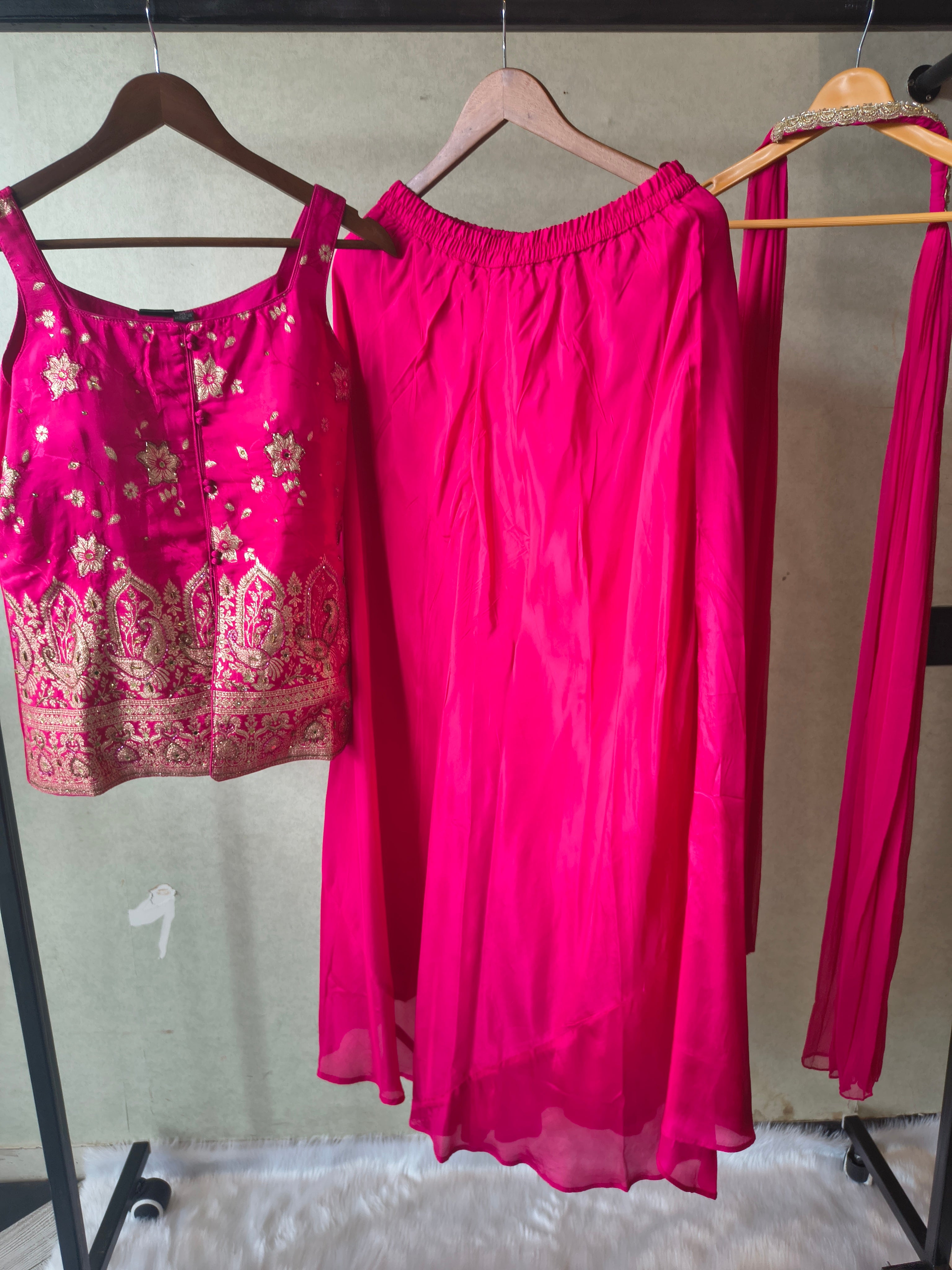 Image of Premium Rani Pink Satin Silk 3-Piece Lehenga Set with Heavy Zari Embroidered Blouse & Dupatta