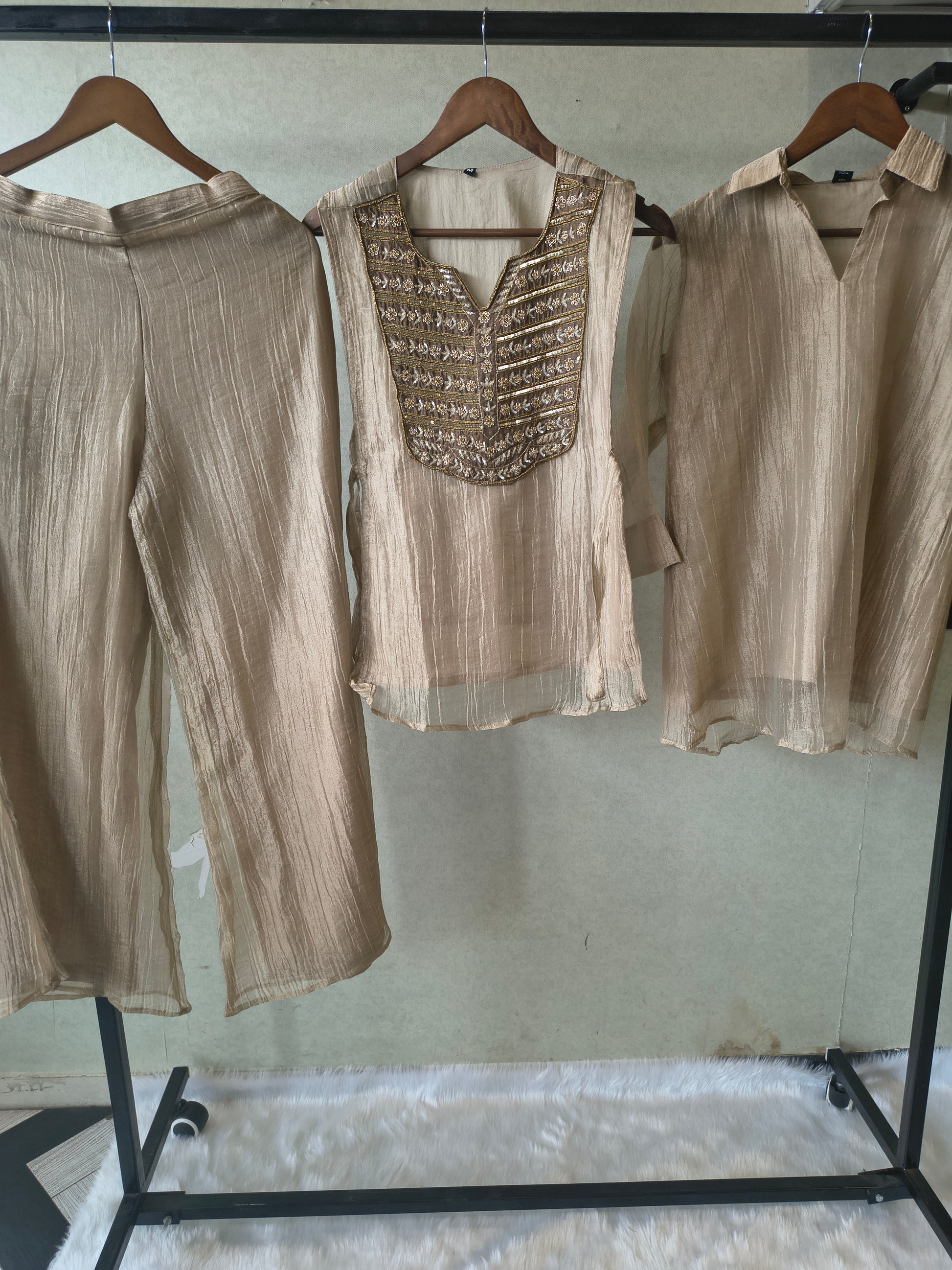 Premium Champagne Gold Tissue Silk 3-Piece Co-Ord Set with Antique Zari Embroidered Jacket, Inner & Palazzo