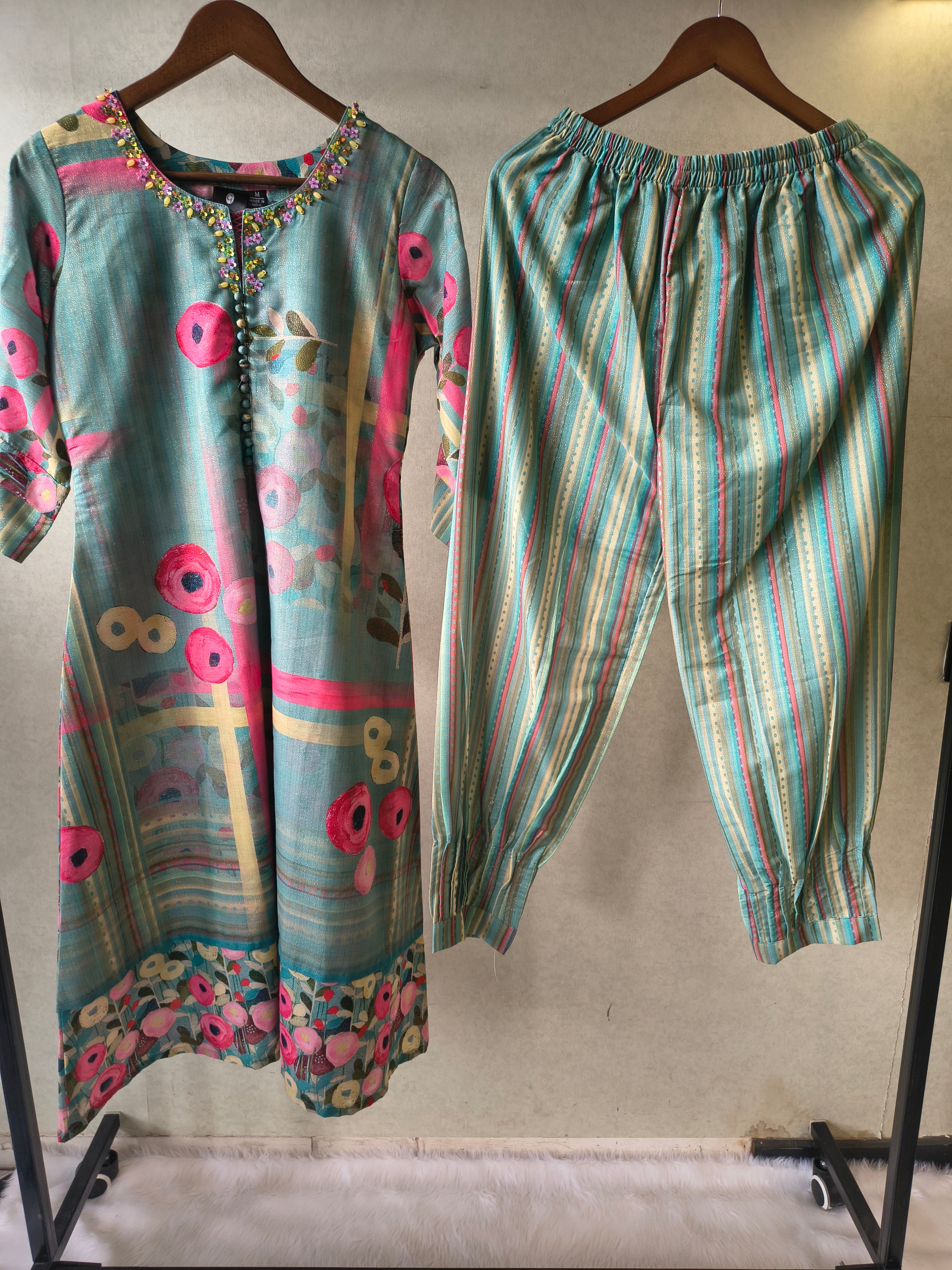 Image of Premium Aqua Blue Artistic Printed Kurta with Striped Pants Co-Ord Set